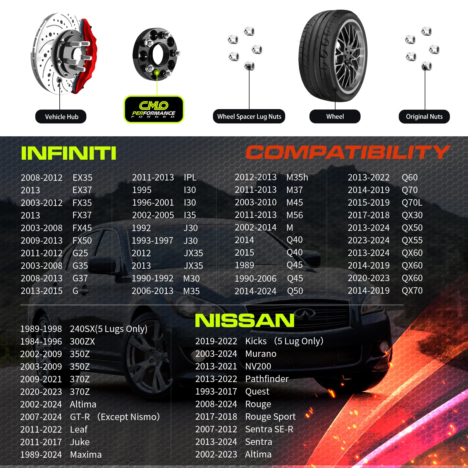 Customadeonly 5x114.3 Wheel Spacers, 1.0" Thick, Hubcentric, Black, T6 Aluminum, M12x1.25 Lugs, Model