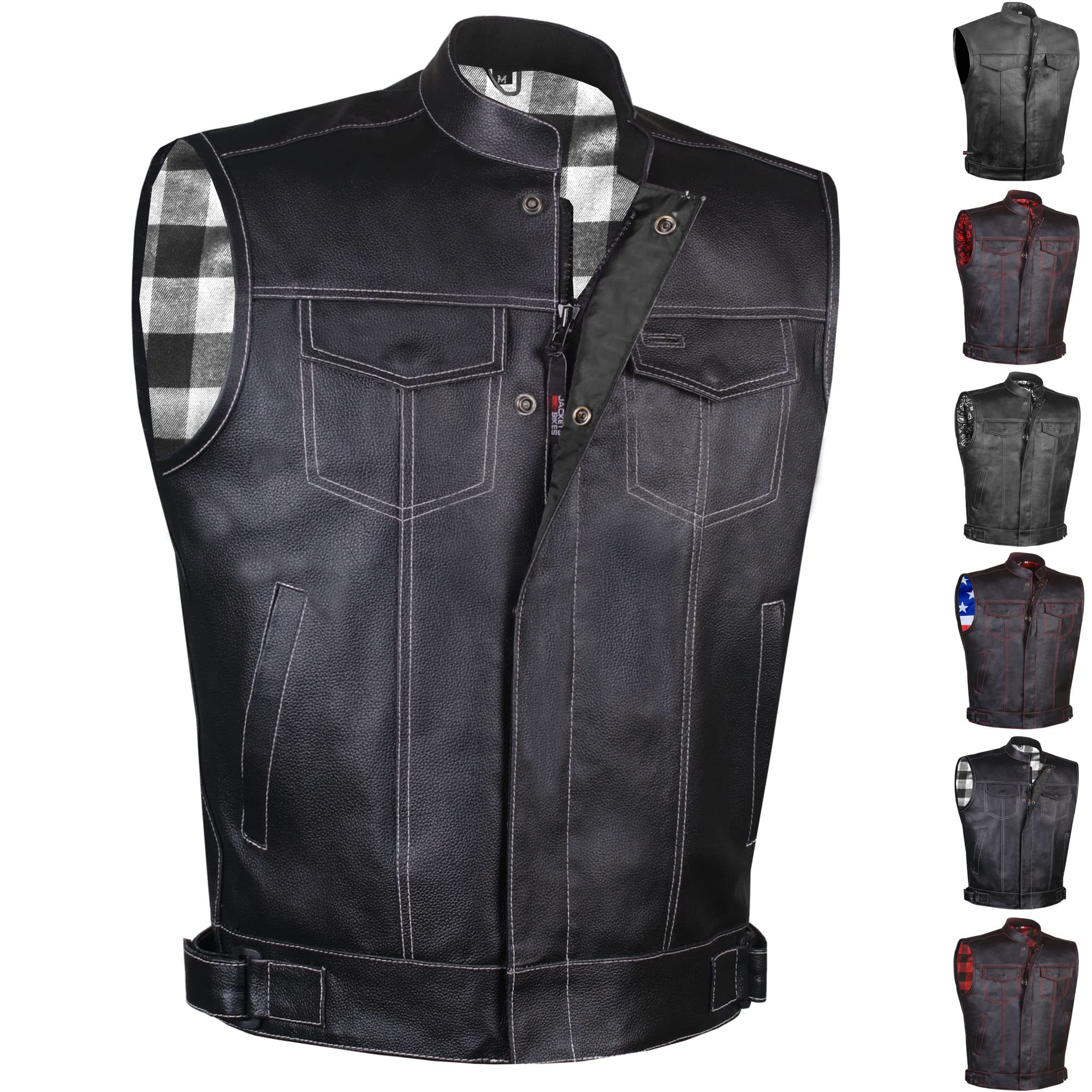 Soa Men 'S Premium Leather Motorcycle Vest With Biker Club Concealed Carry Gun Pockets W/Armor Flannel White Xl