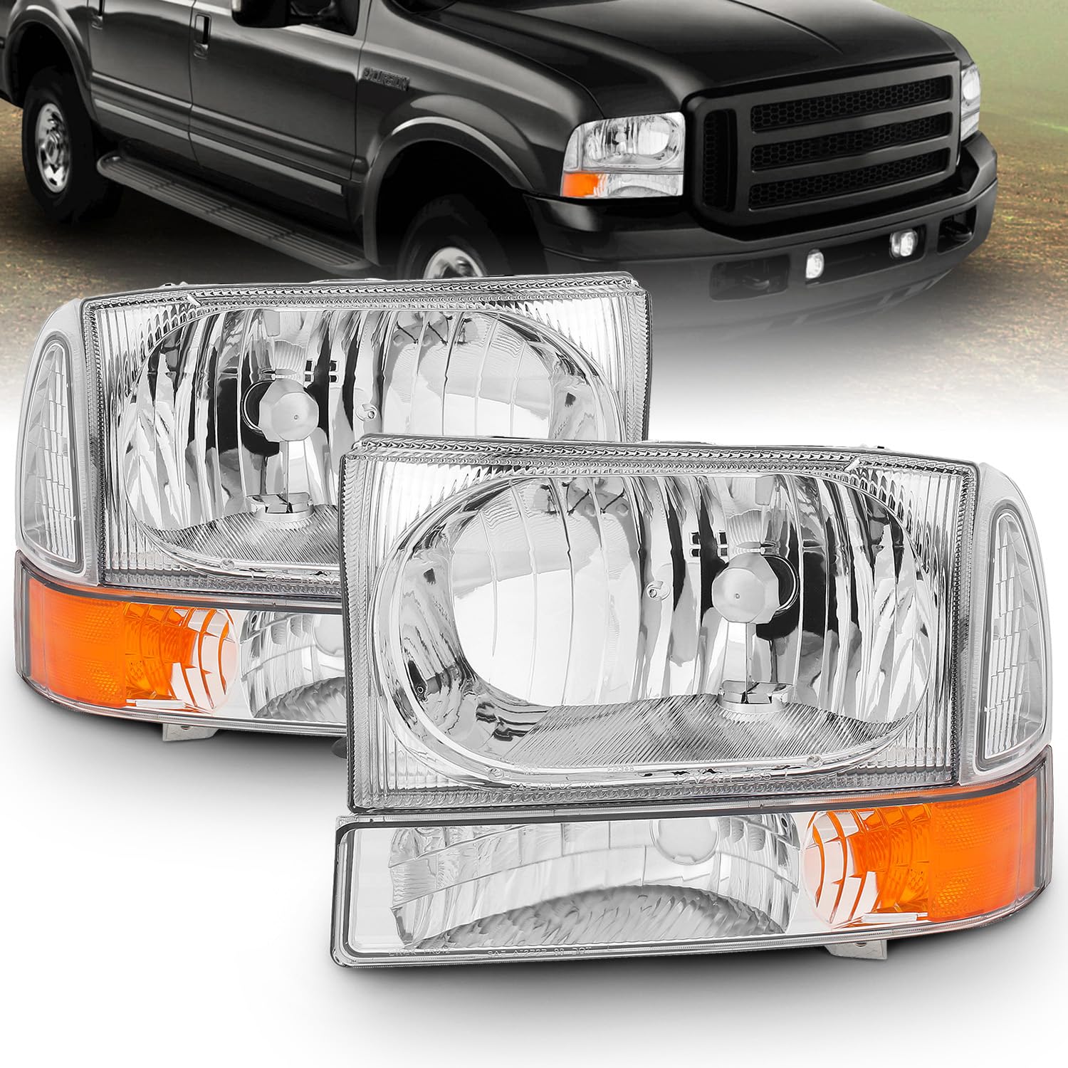 AmeriLite Chrome Replacement Headlights for 1999-2004 Ford Super Duty F250 F350 F450 F550 & Excursion - Driver & Passenger Side Set