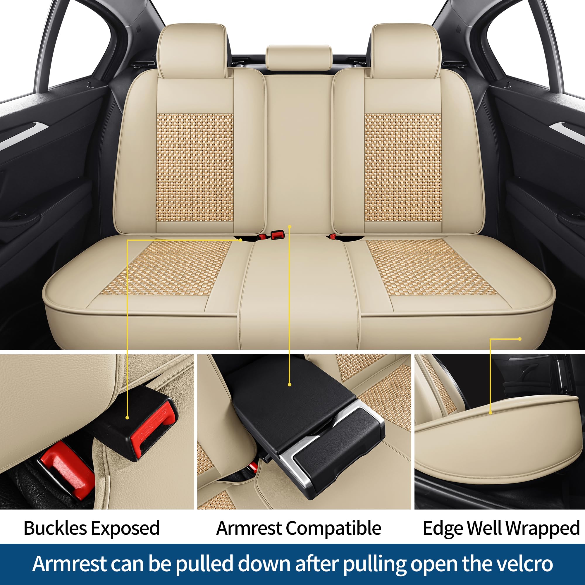 Chezope Full Set Beige Leather Car Seat Covers, Breathable & Wear-Resistant, Universal Fit for Cars, SUVs, Trucks