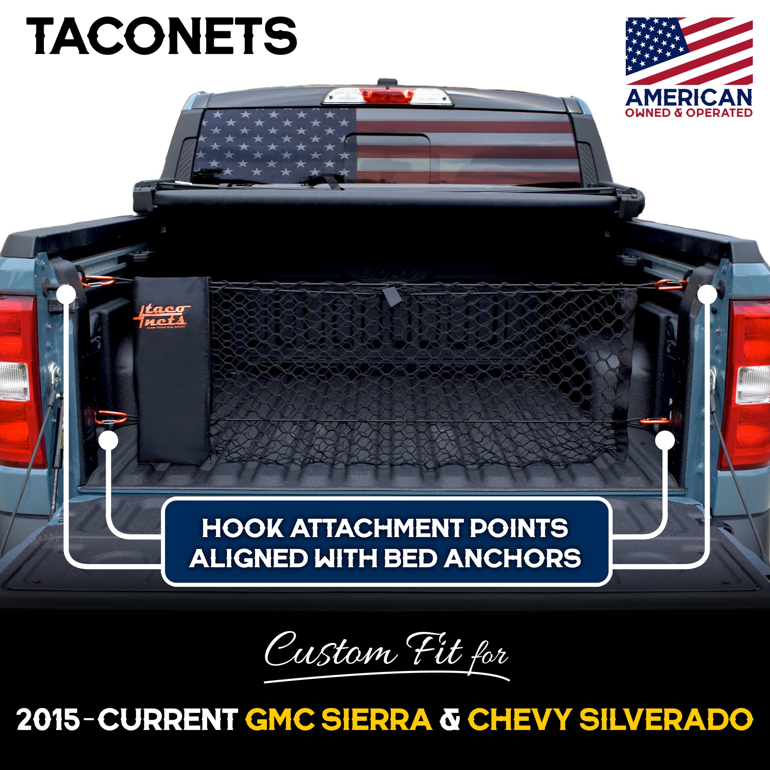 TacoNets Truck Bed Cargo Net for GMC Sierra & Chevy Silverado - 5mm Bungee, Heavy Duty Carabiners, 18" x 50", 2013-2025