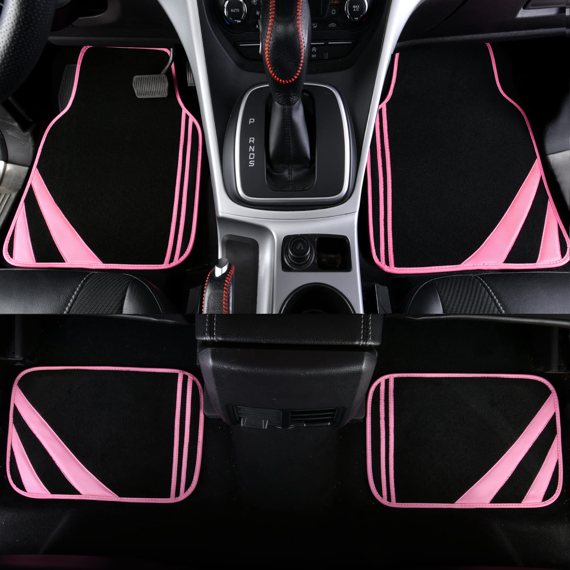 Car Pass Pink Edge Faux Leather Car Floor Mats Universal Car Carpet Mats With Double Stitch Line Anti-Slip Backing Design, For C