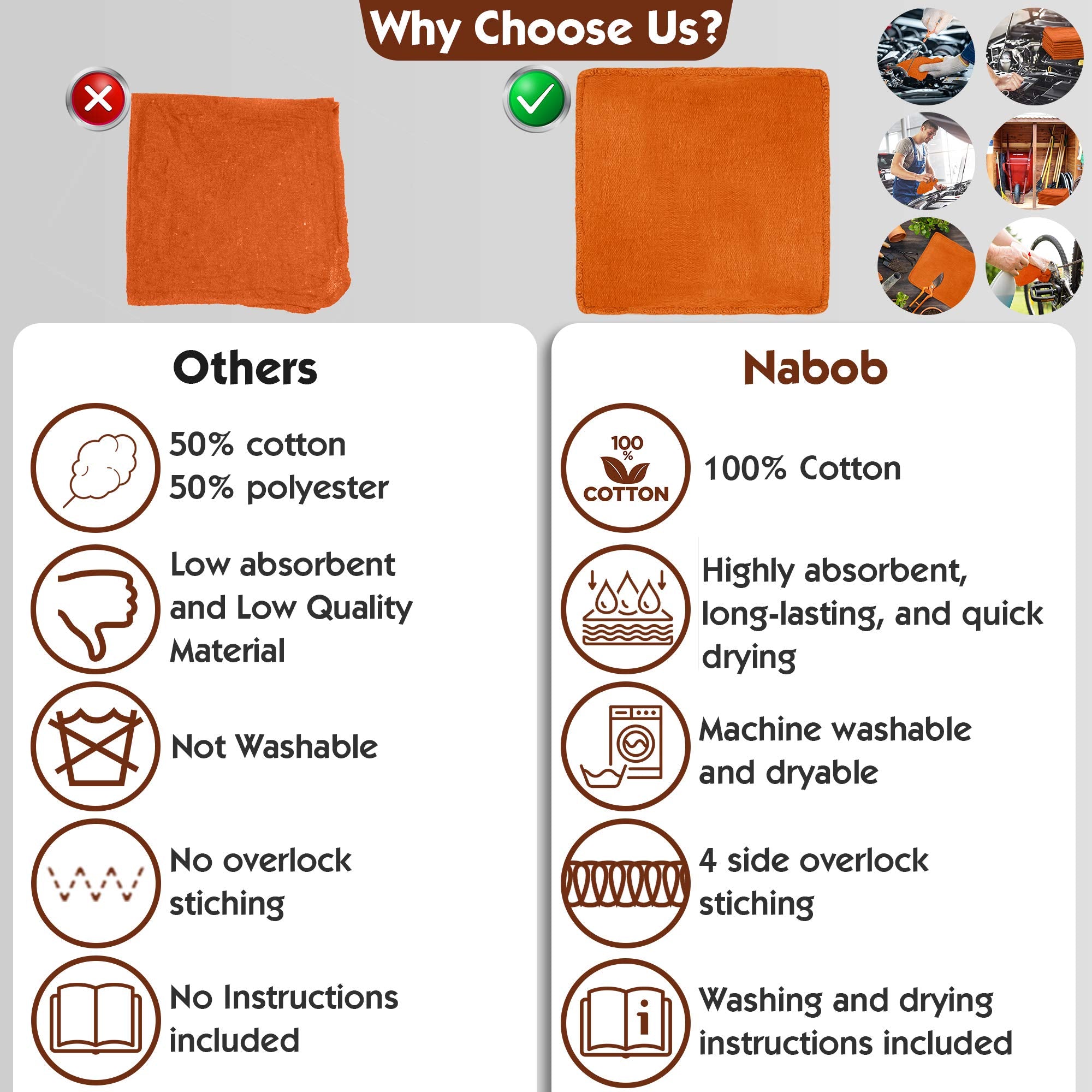 Nabob Wipers Auto Mechanic Shop Towels 25 Pack Shop Rags 100% Cotton Size 14''X14'' Commercial Grade?(25?Pack,?Orange)