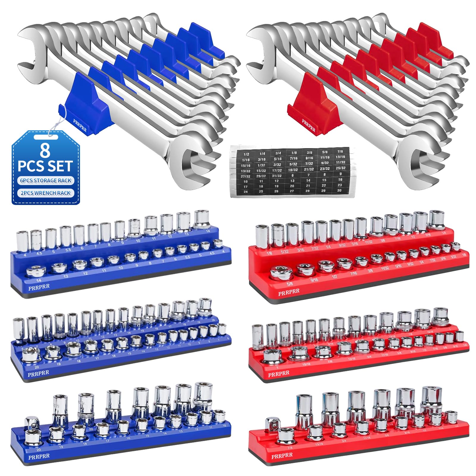 Magnetic Socket Organizer Set, 8PCS Socket Holder with 6 Socket Trays & 2 Wrench Racks, Metric & SAE Tool Box Organizer 1/4, 3/8