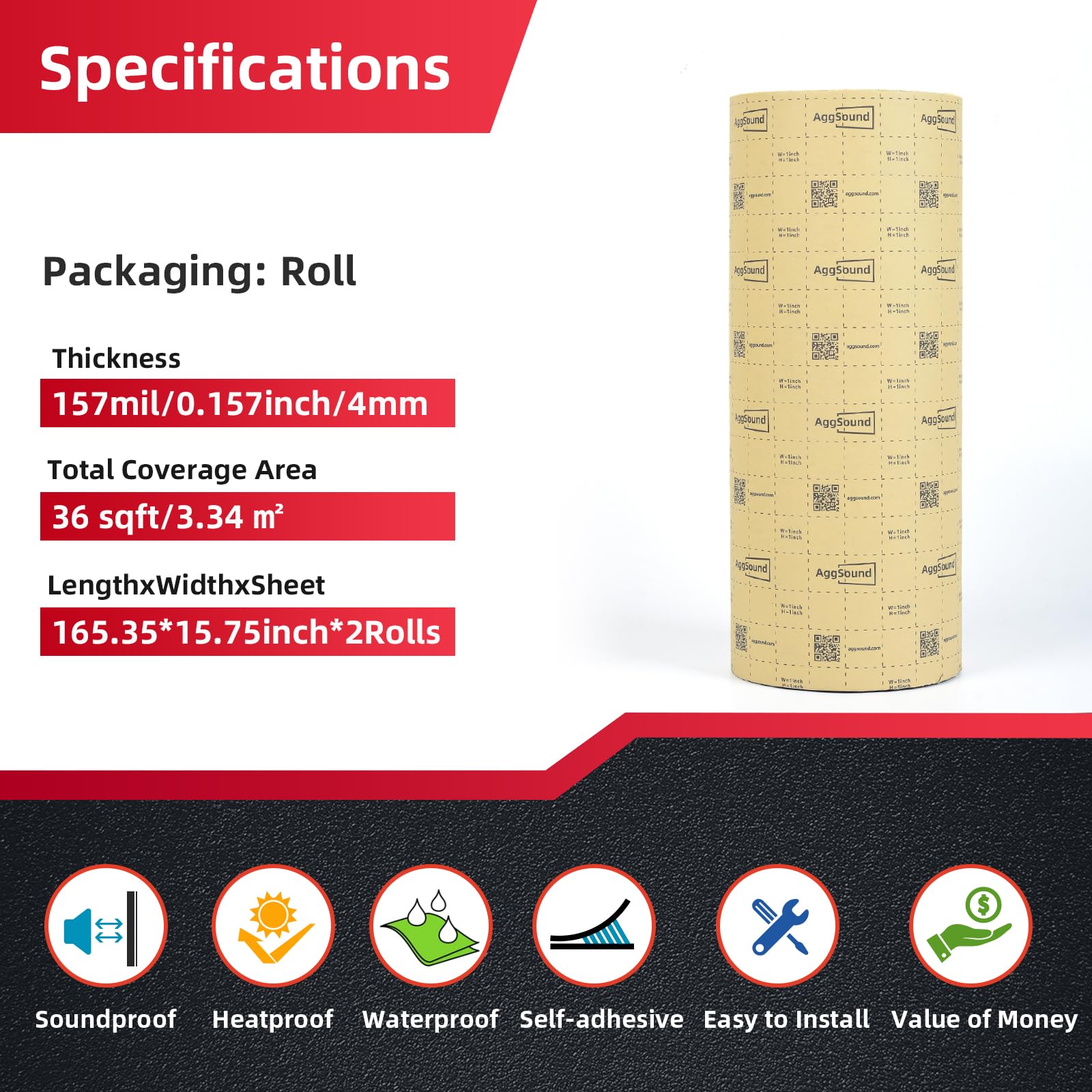 Aggsound 157Mil 36Sqft Roll Pack Sound Deadener For Cars-Auto Closed Cell Foam Noise Deadening Material-Heat Shield Insulation D