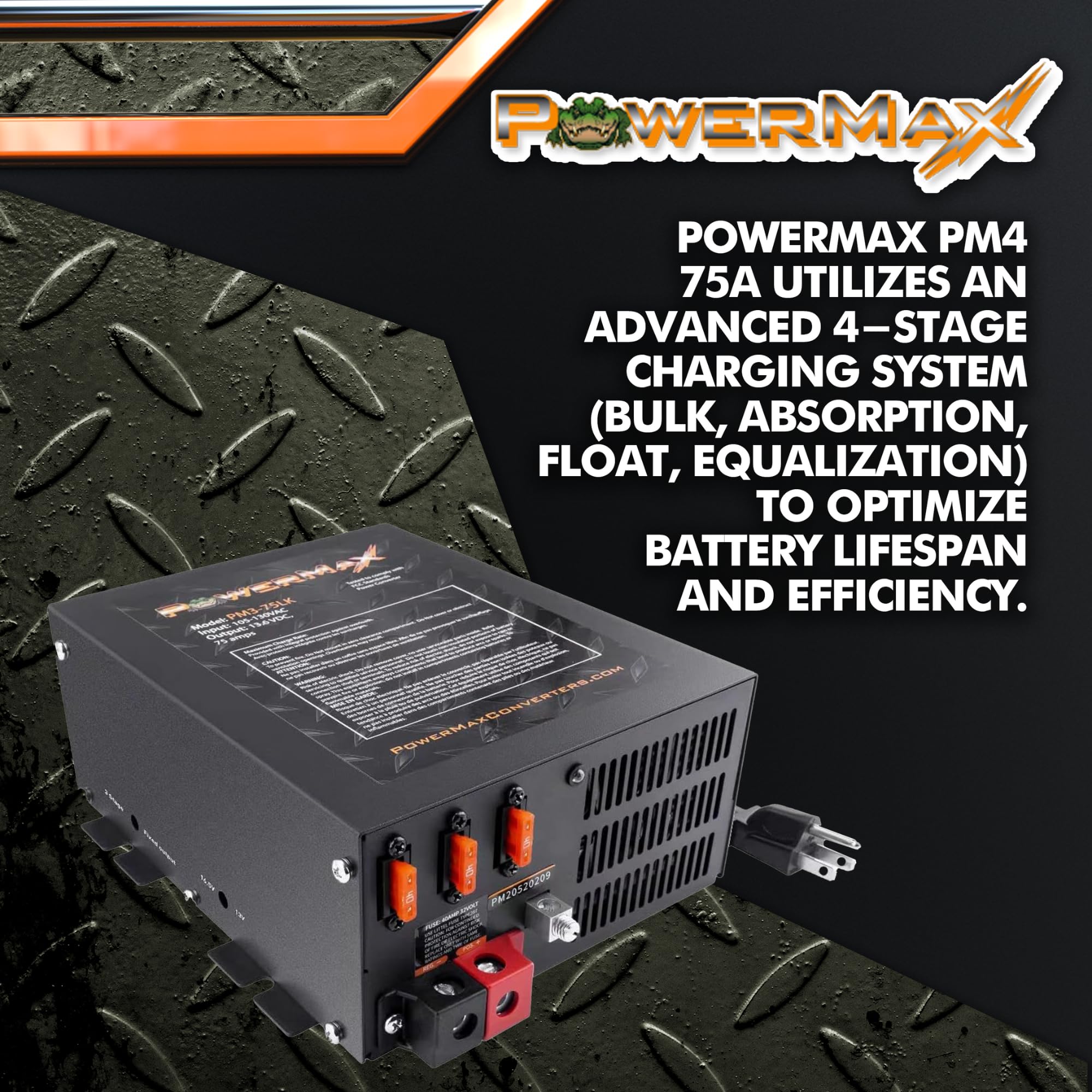 Powermax PM4 75A Power Converter with 4 Stage Smart Charger, 110V AC to 12V DC, Black