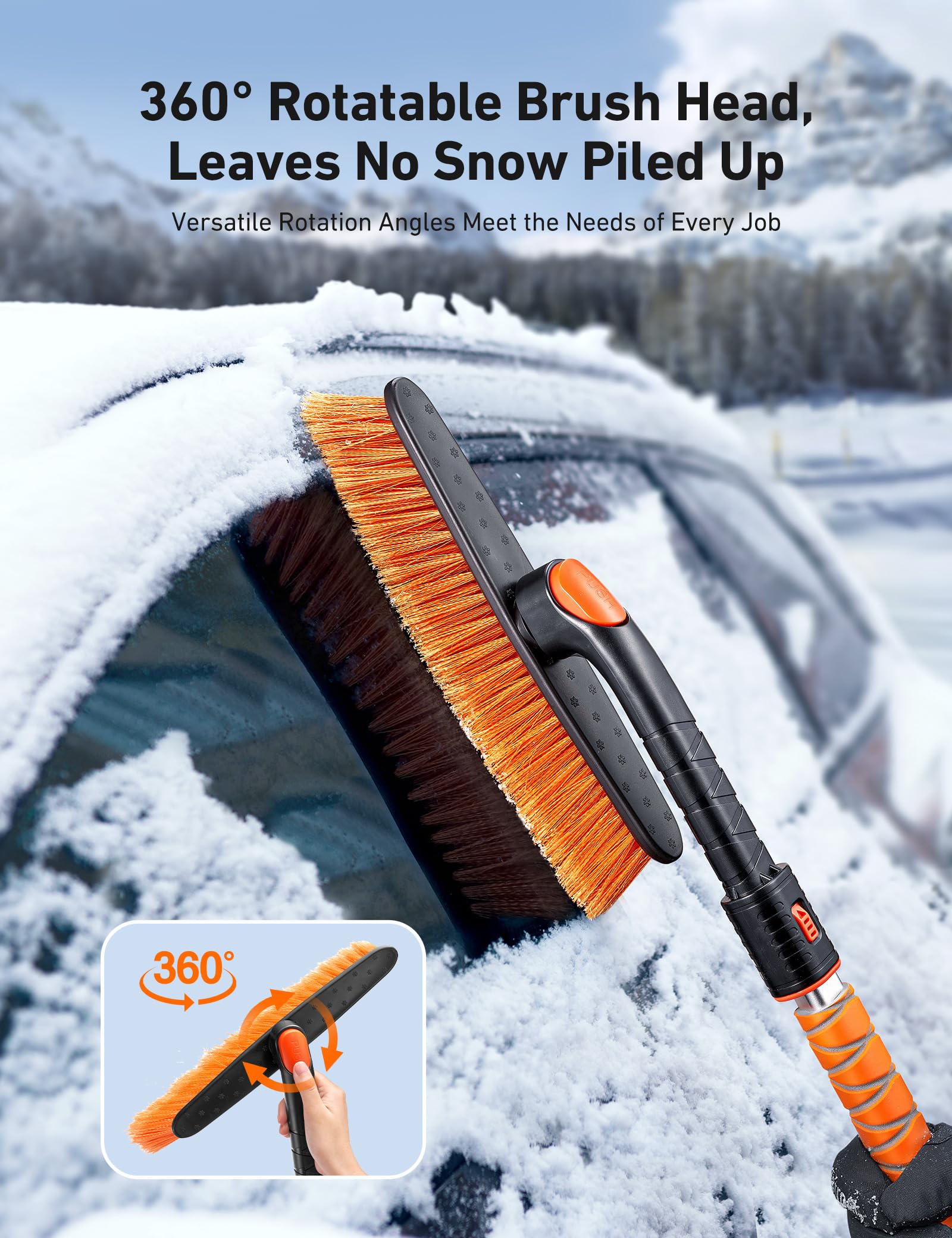 AstroAI Ice Scraper for Car Windshield, 39.37" Snow Brush with Foam Grip, Orange, Small, 360° Pivoting Brush Head
