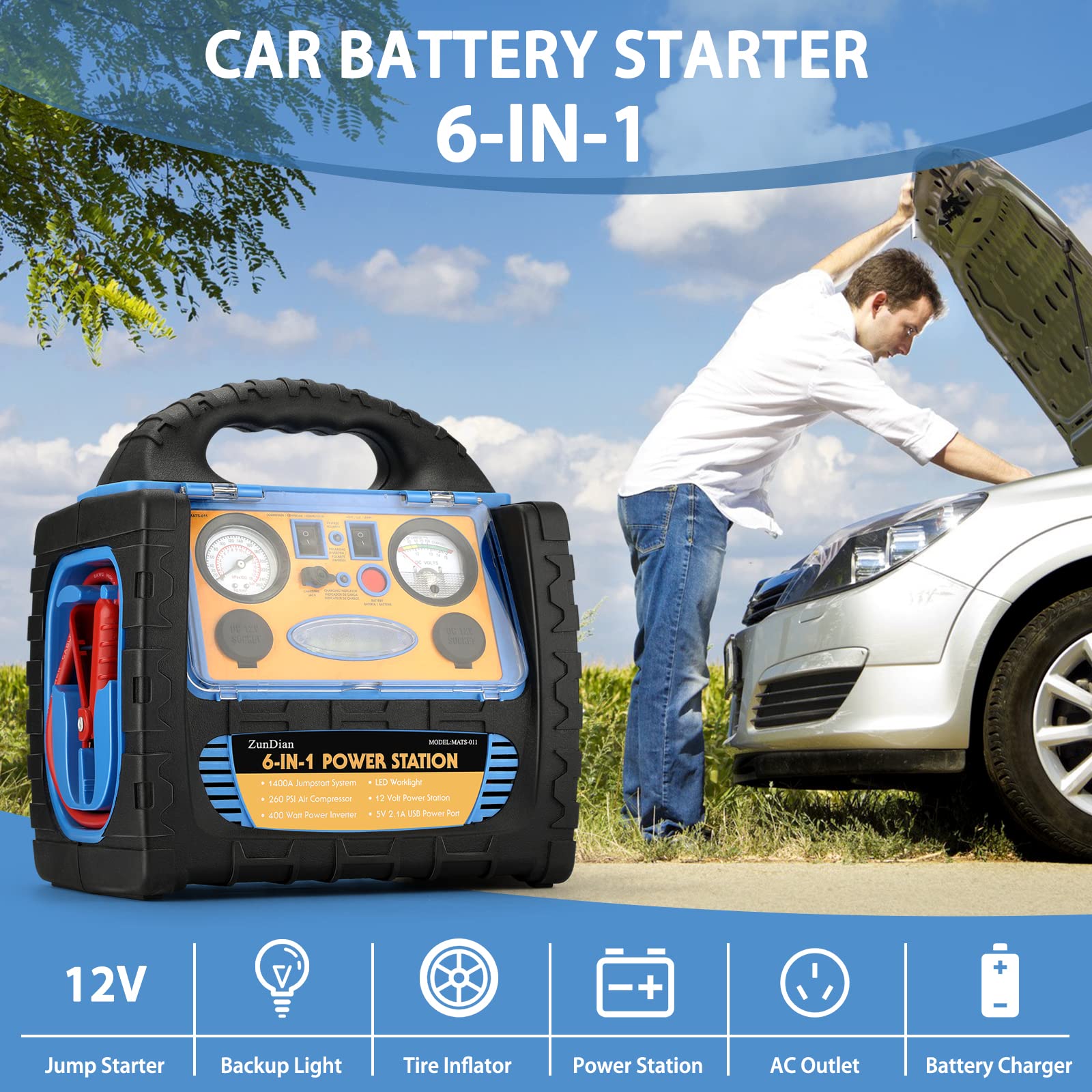 ZunDian 1600 Amp Battery Jump Starter with Air Compressor & Power Inverter, Portable 12V Auto Booster Box, Model HH-715p, Blue