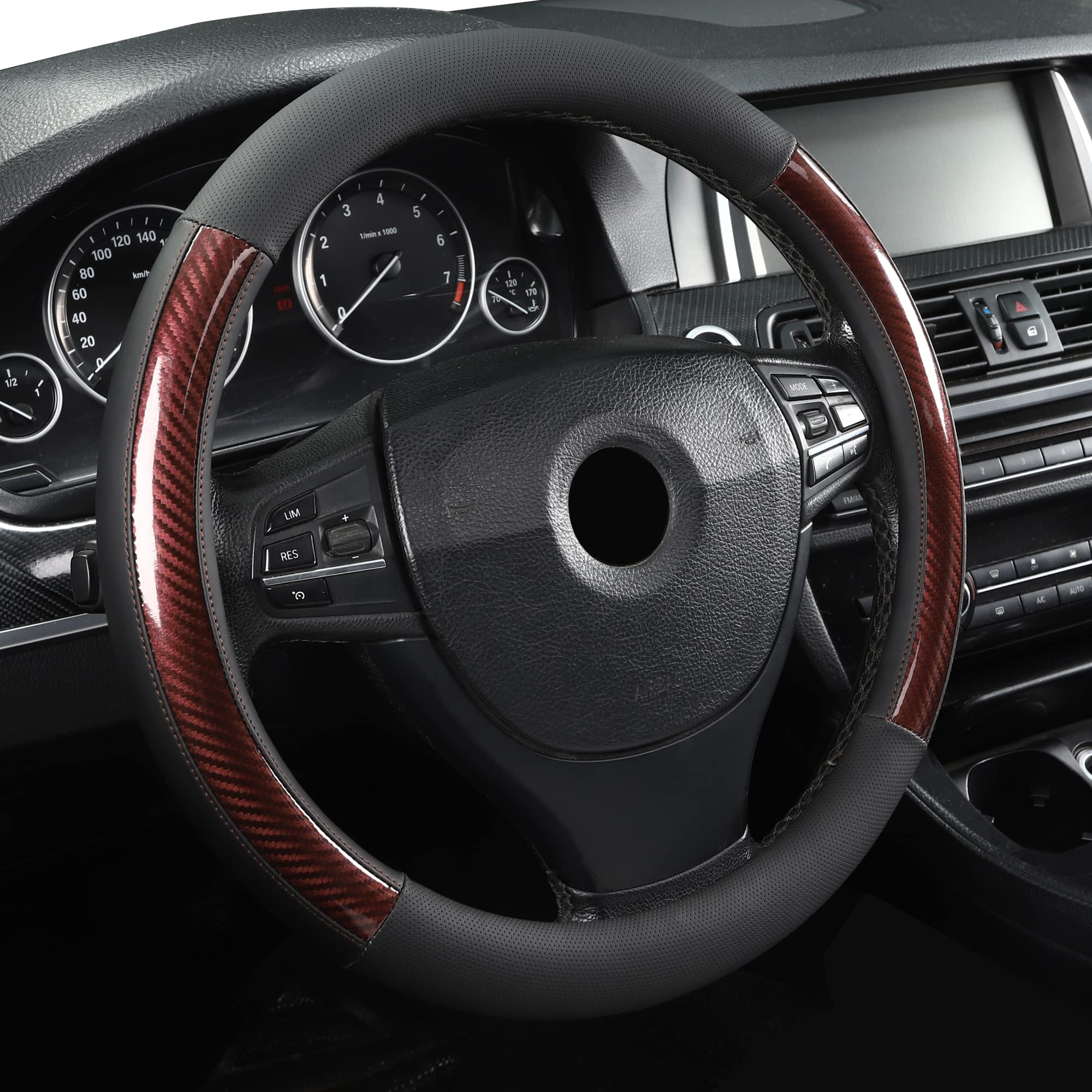 Microfiber Leather 15' Universal Fit Car Steering Wheel Cover, Elastic Nonslip Breathable And Odorless, Black & Brown