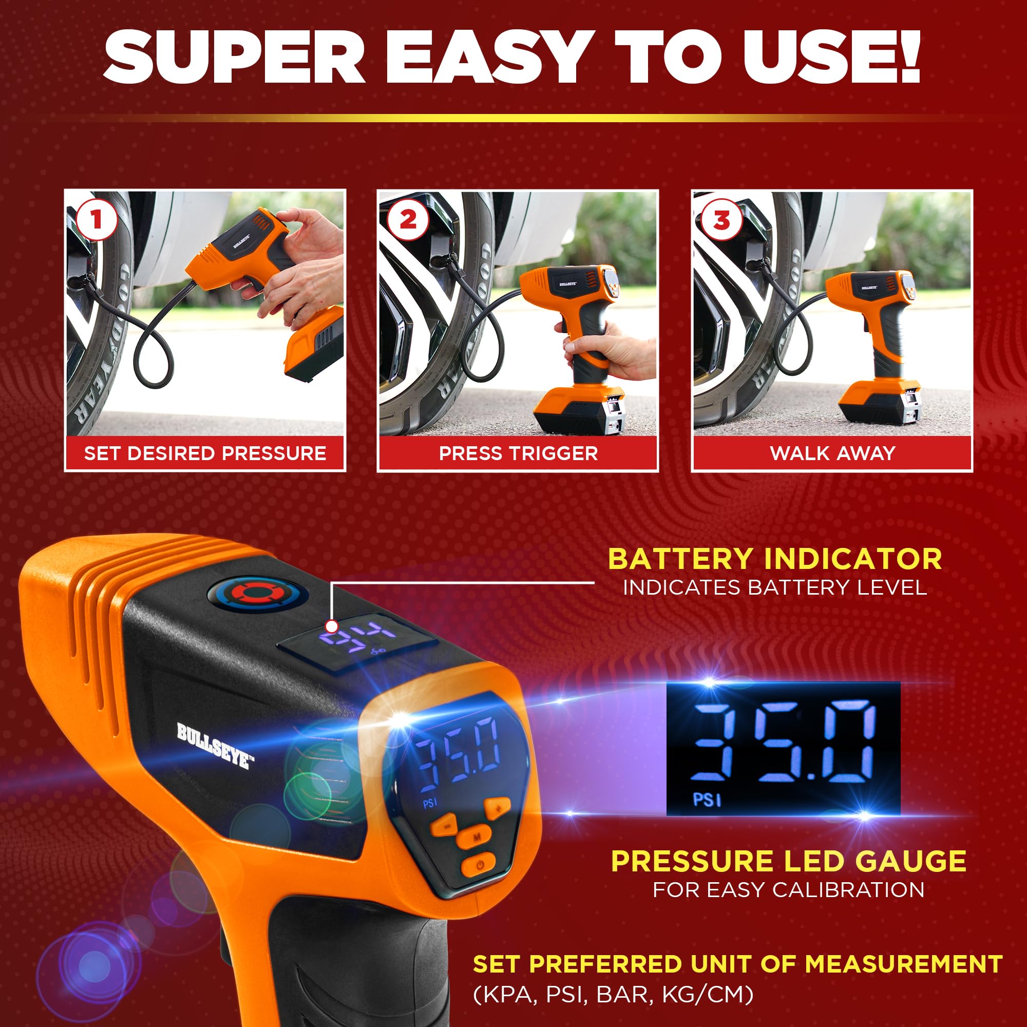 Emson Bullseye Pro Ason Tv Digital Tire Inflator Automatic 150 Psi W/Gauge Display Screen & Pre-Set Pressure In Kpa,Psi,Bar,Kg/C