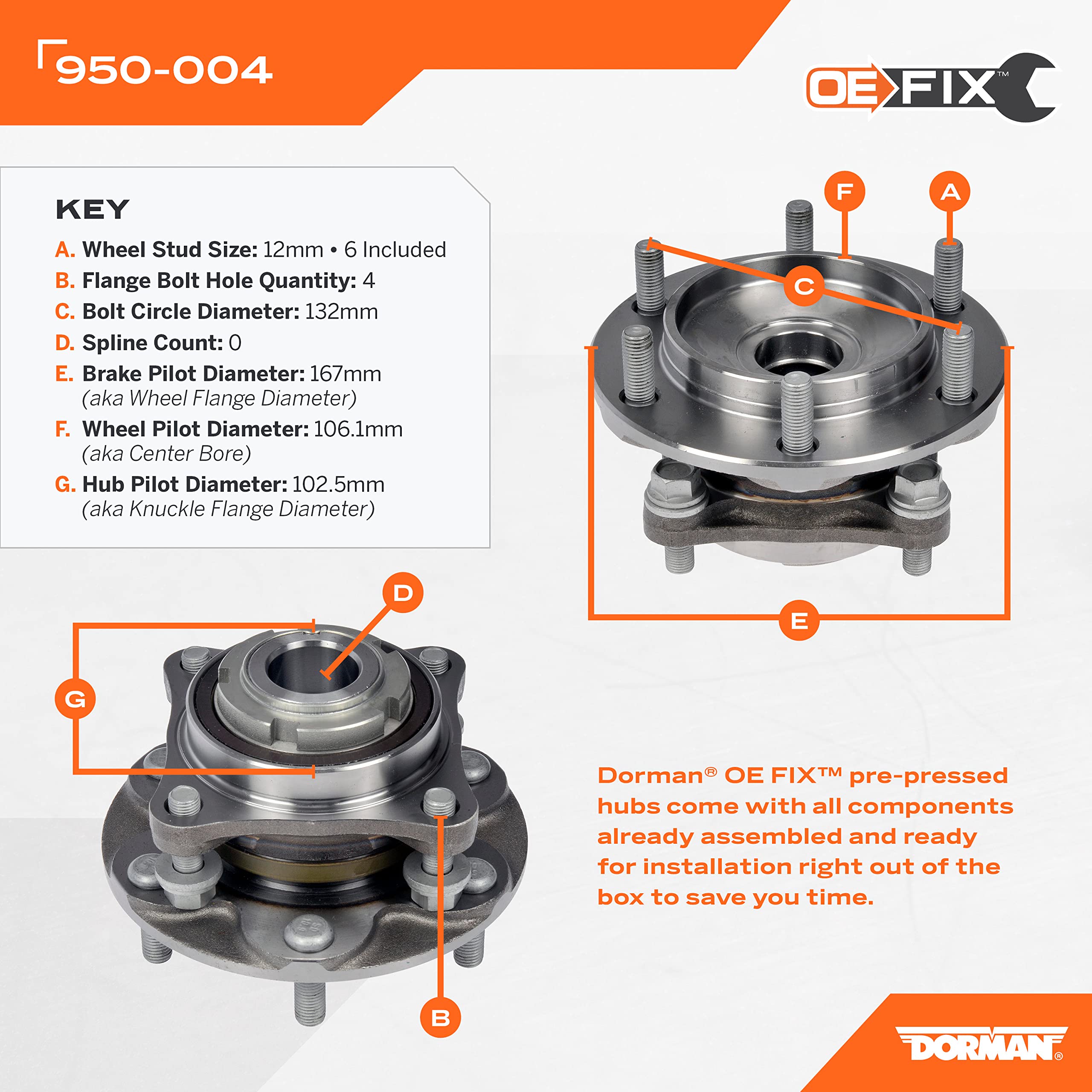 Dorman 950-004 Pre-Pressed Hub Assembly - Front Compatible With Select Toyota Models (Oe Fix)