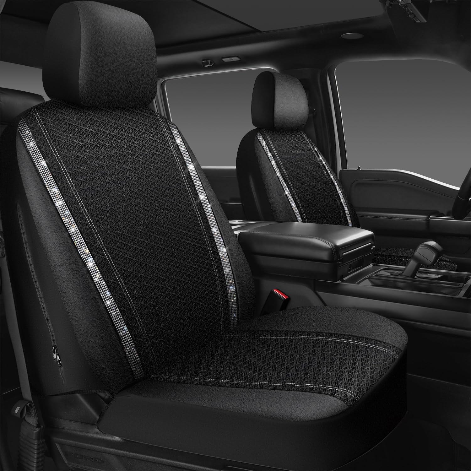 CAR PASS Memory Foam Car Seat Covers, Silver Mesh, Breathable Soft Sponge for 2 Front Seats - Bling Diamond Design for Trucks & SUVs