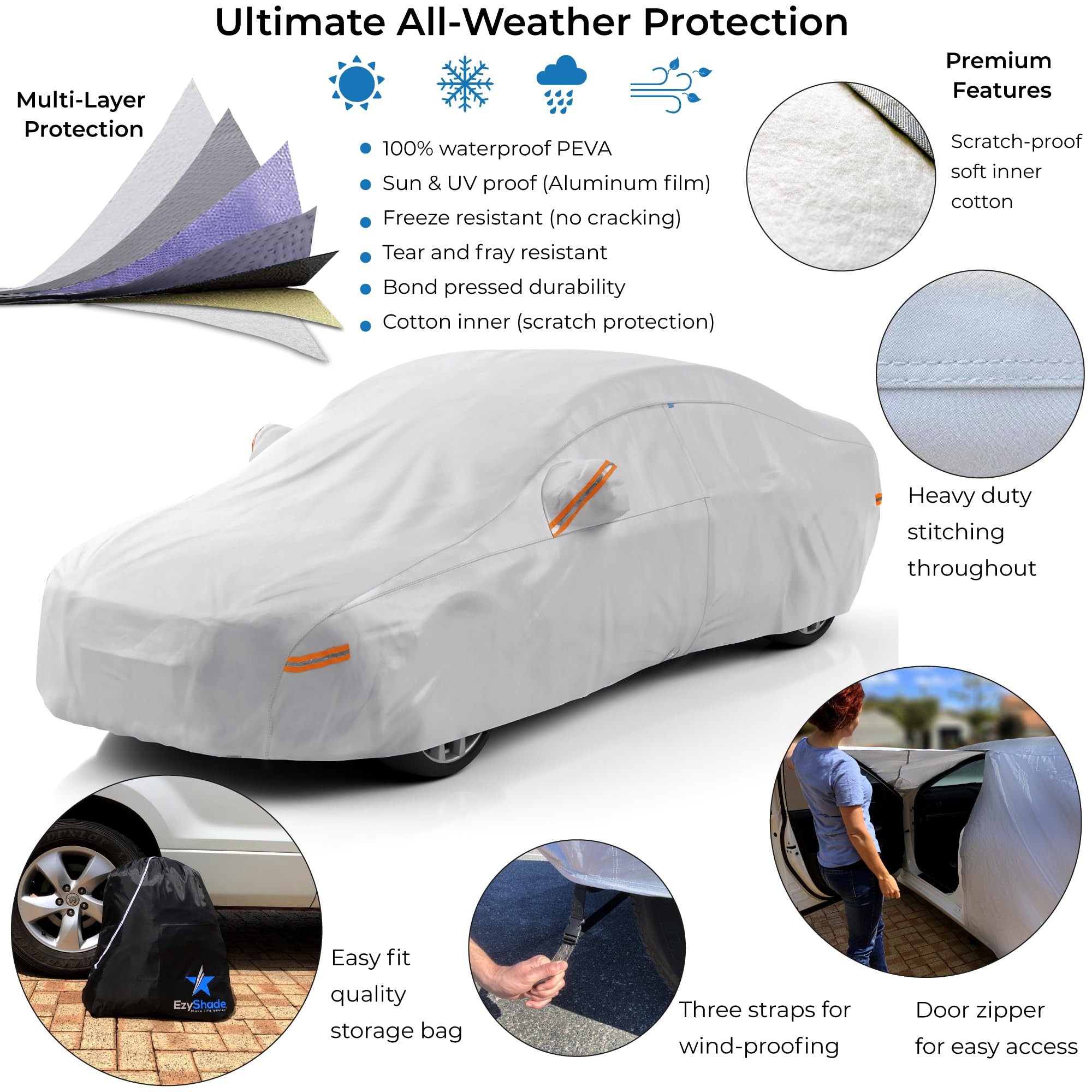 EzyShade Waterproof Car Cover A7 - Reflective Aluminum, All Weather Protection for Sedan, Hatch, SUV - Outdoor Use