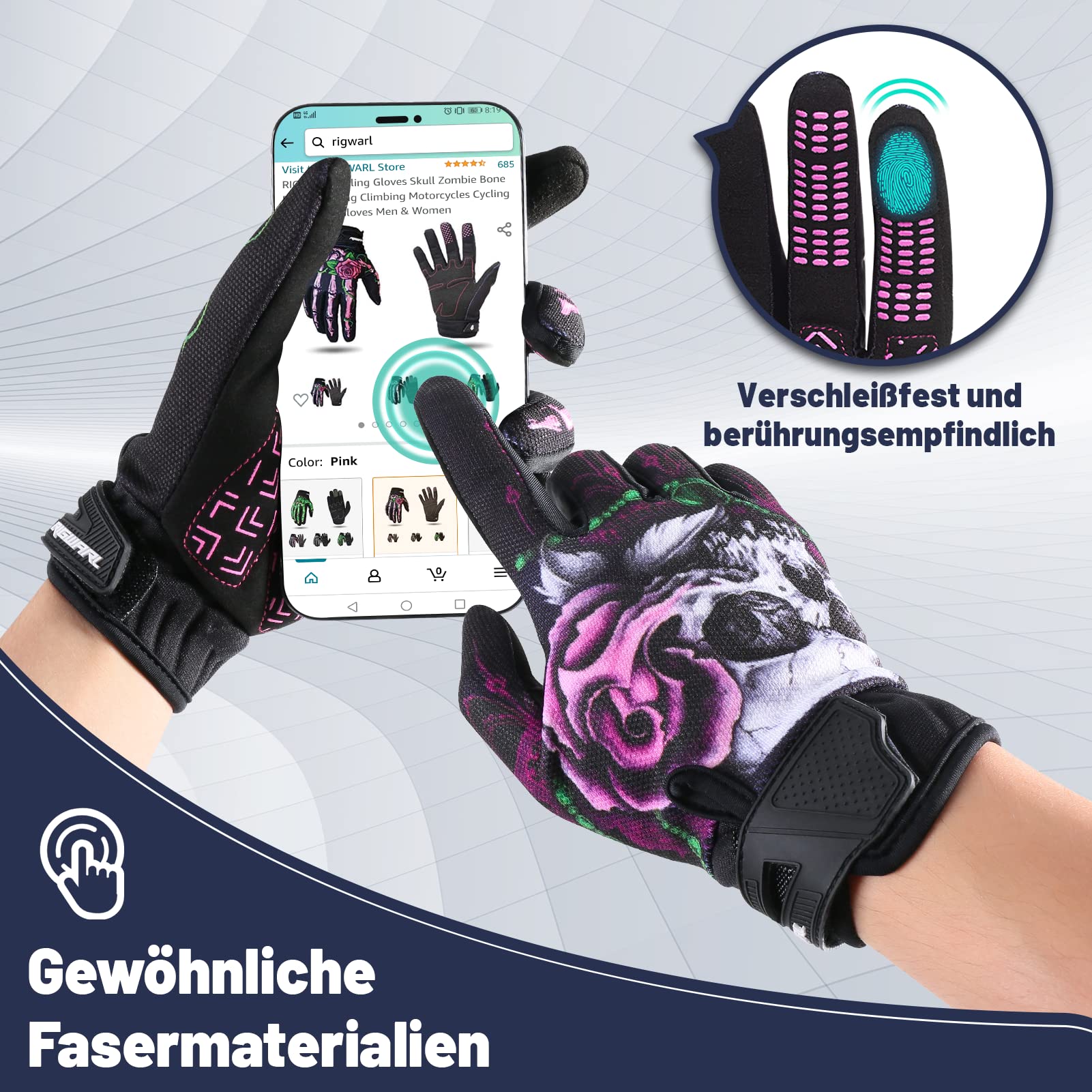 RIGWARL Adult Cycling Gloves, Medium Pink Skull Design, Spandex Material, Ideal for Motorcycle and Outdoor Activities