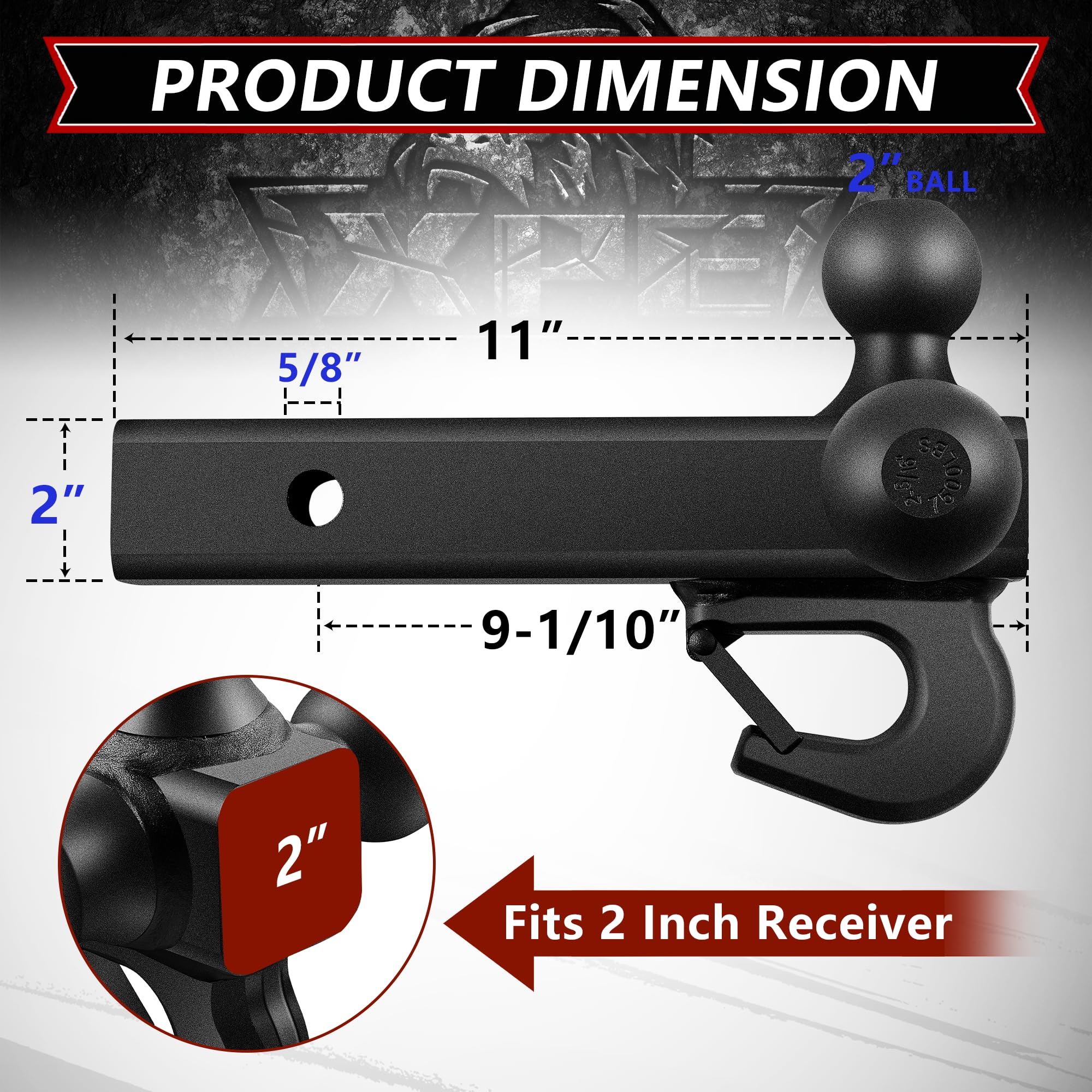 Trailer Hitch Tri Ball Mount With Hook,Fits 2    Hitch Receiver,1-7/8'', 2''& 2-5/16''Matt Black Plated Balls ,Secure With Self-
