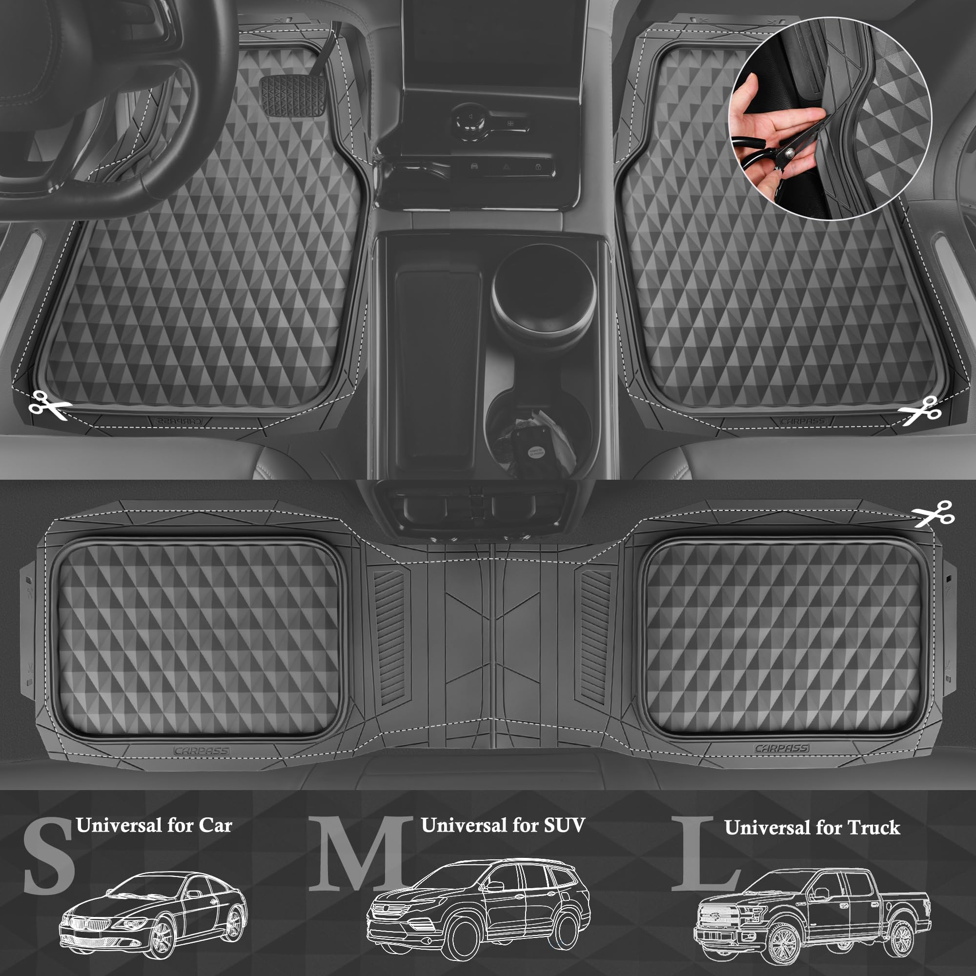 Car Pass Heavy Duty Charcoal Gray Rubber Car Floor Mats Univeraal Fit, Deep Dish All-Weather Floor Mat For Car, Waterproof Durab