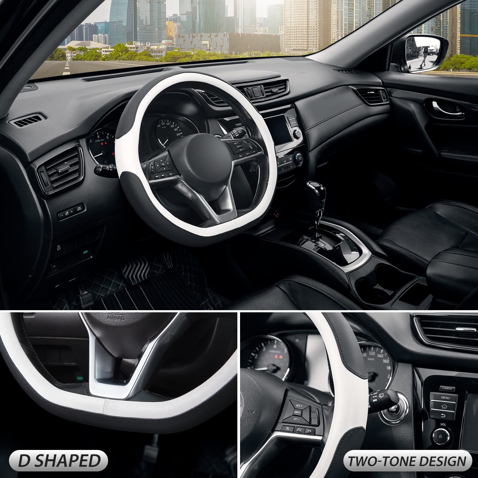 SEG Direct D Shaped Flat Bottom Steering Wheel Cover, 14.5-15 in, Black White Microfiber Leather, Model AU15BONSWC3343