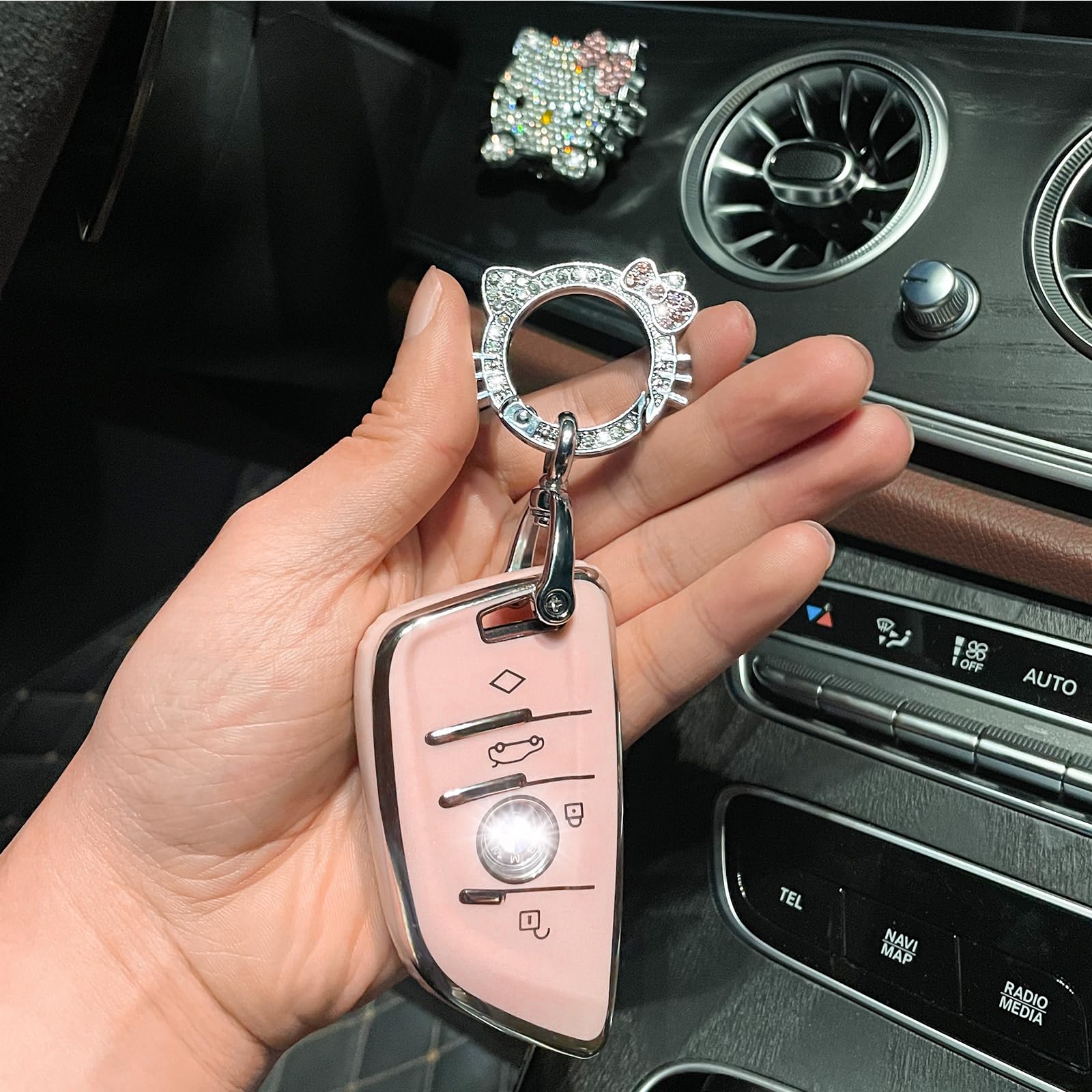 Pangpai Pink Car Accessories 3 Pcs For Bmw Key Fob Cover With Bling Keychain Cute Push To Start Button Cover