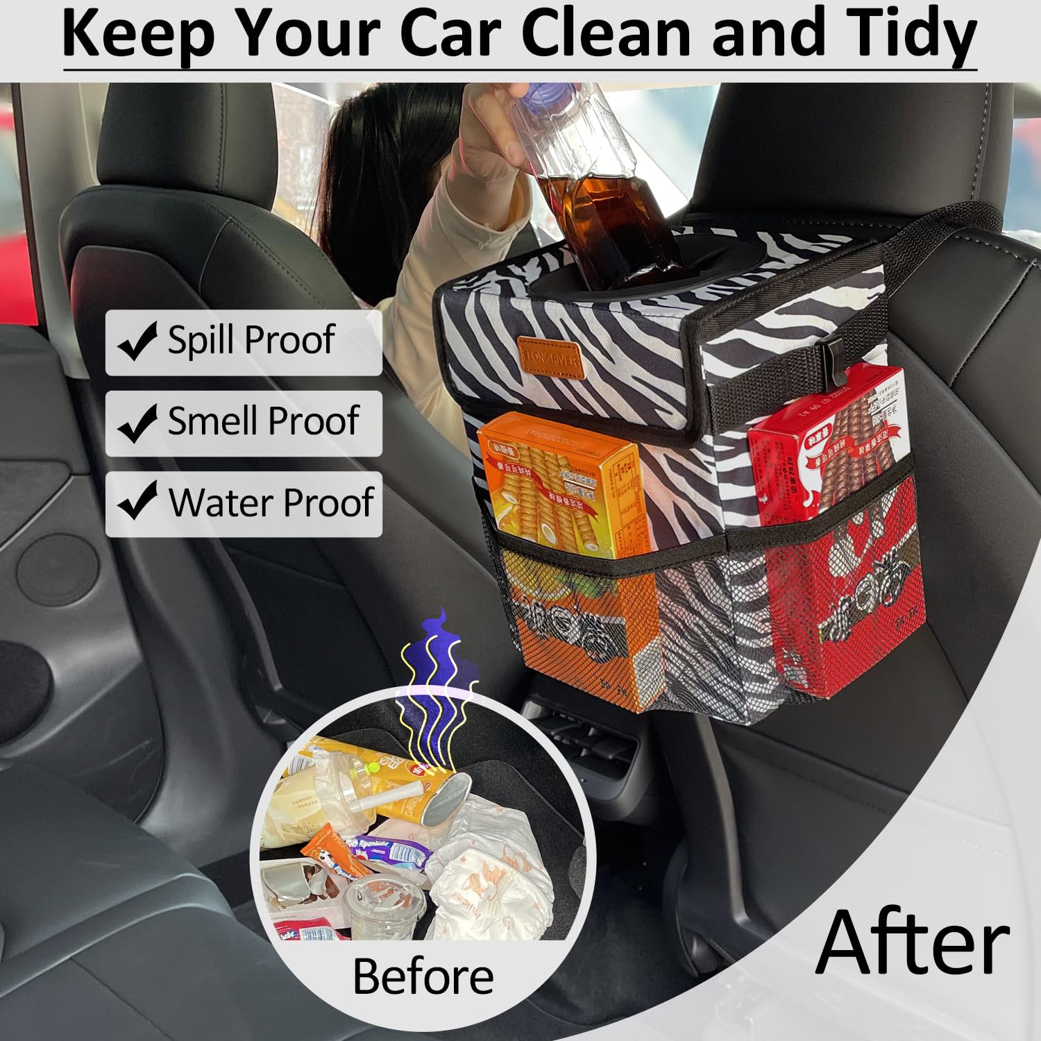 Elongriver Car Trash Can For Car With Lid, Car Organizer Can Trash Bag Hanging Leak Proof Vehicle Trash Can Zebra
