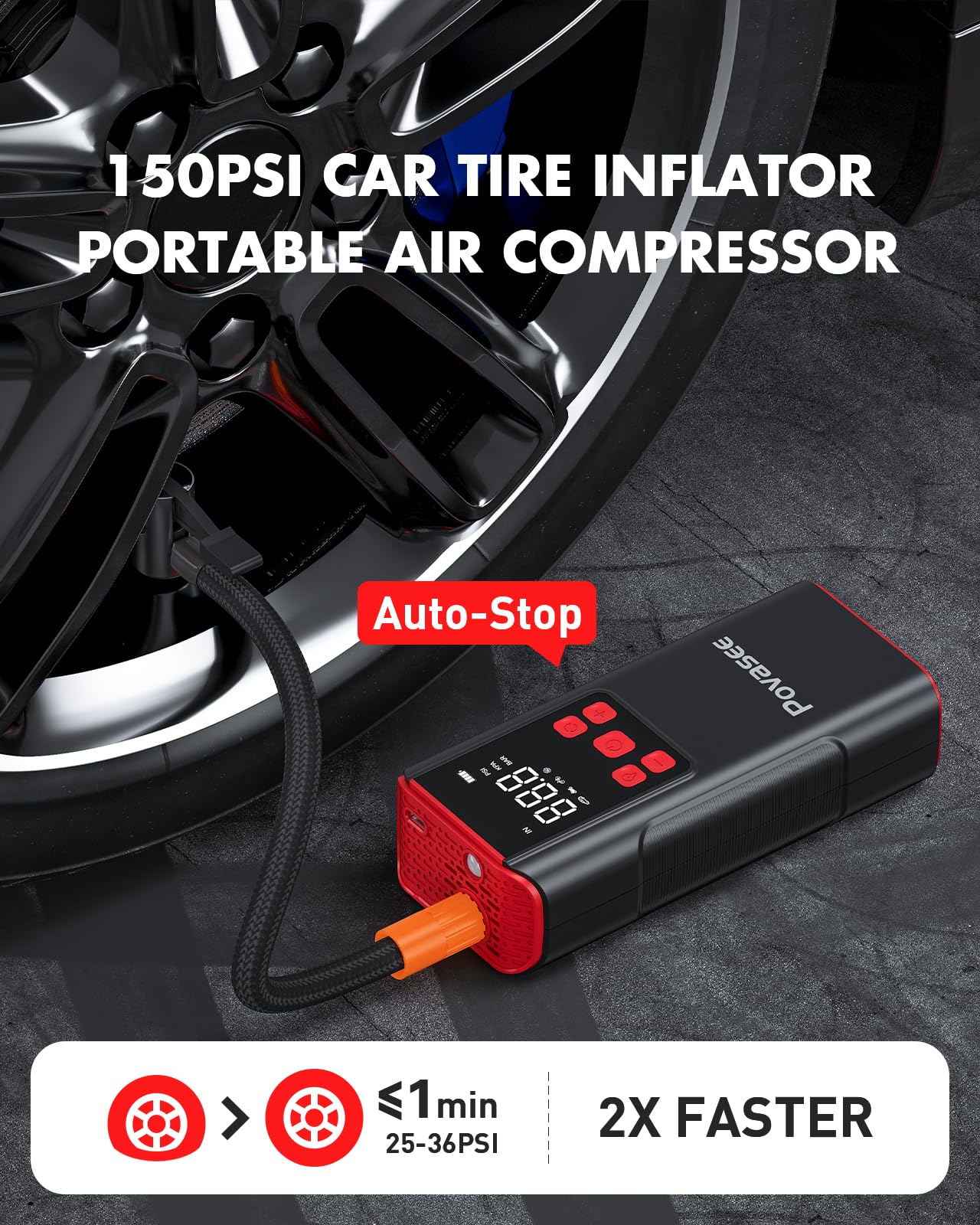 Tire Inflator Portable Air Compressor Povasee 150Psi Portable Air Pump For Car Tires Portable Air Compressor With Lcd Display,Fl