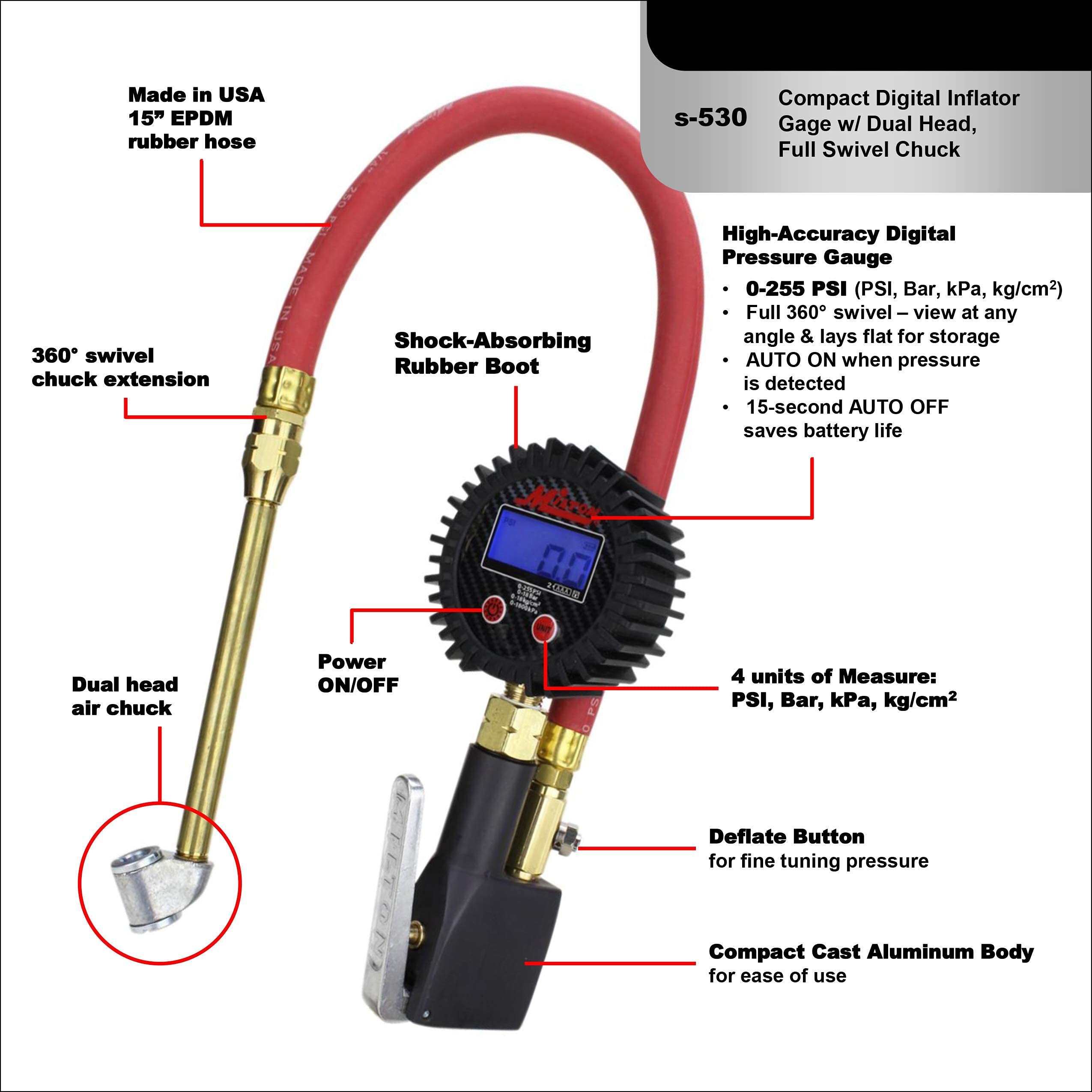 Milton S-530 Compact Digital Tire Inflator with Pressure Gauge, 255 PSI, Dual Head Air Chuck, 15'' Hose, 2.5'' Dial, 360 Swivel,