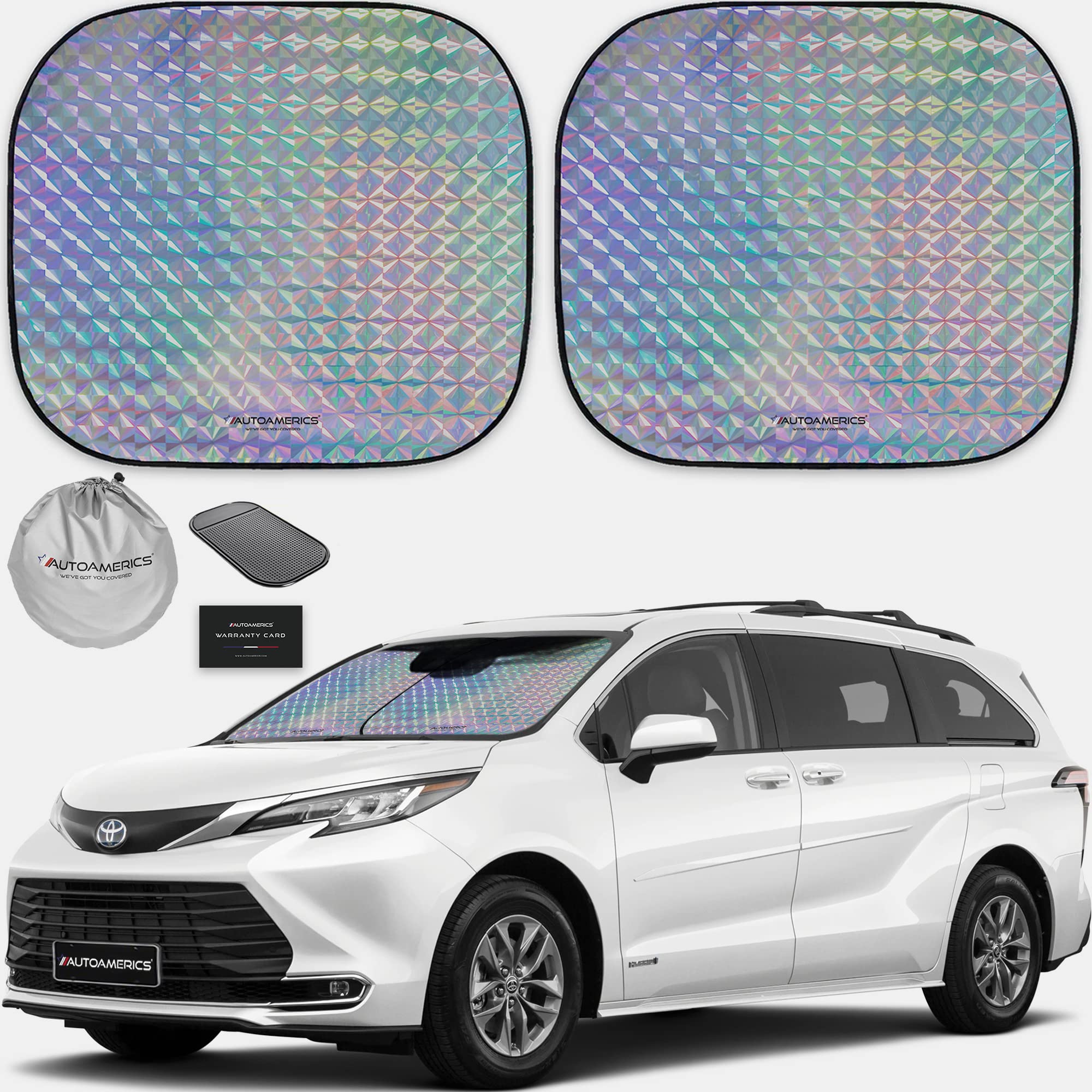 Autoamerics 2-Piece Windshield Sun Shade - Holographic Foldable Car Front Window Sunshade for Most Cars SUV Truck - Heat Blocker
