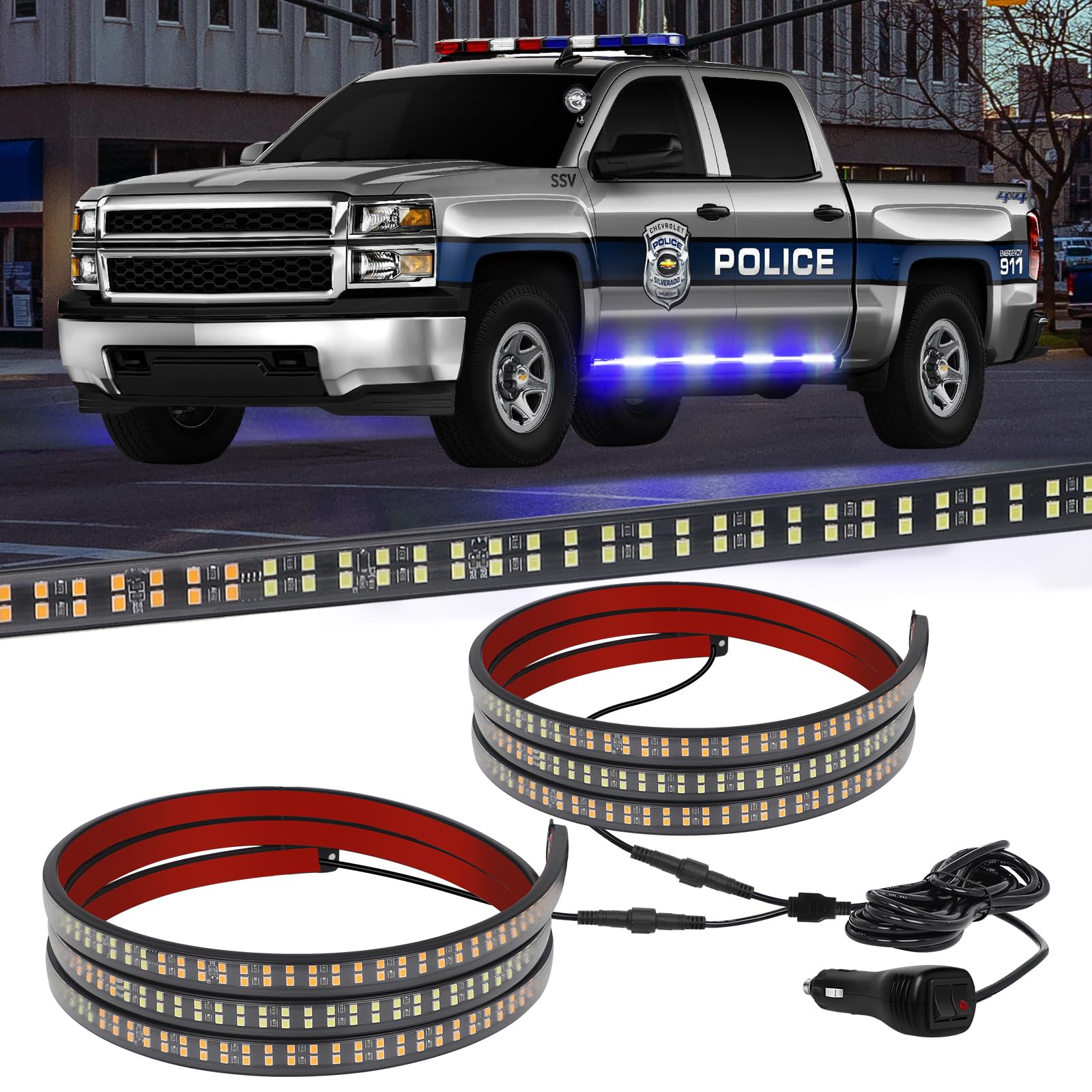 Xridonsen 2Pcs 70 Inch Truck Blue White Emergency Lights Strip 864 Led Running Board Strobe Lights Police Firefighter Lights Fla