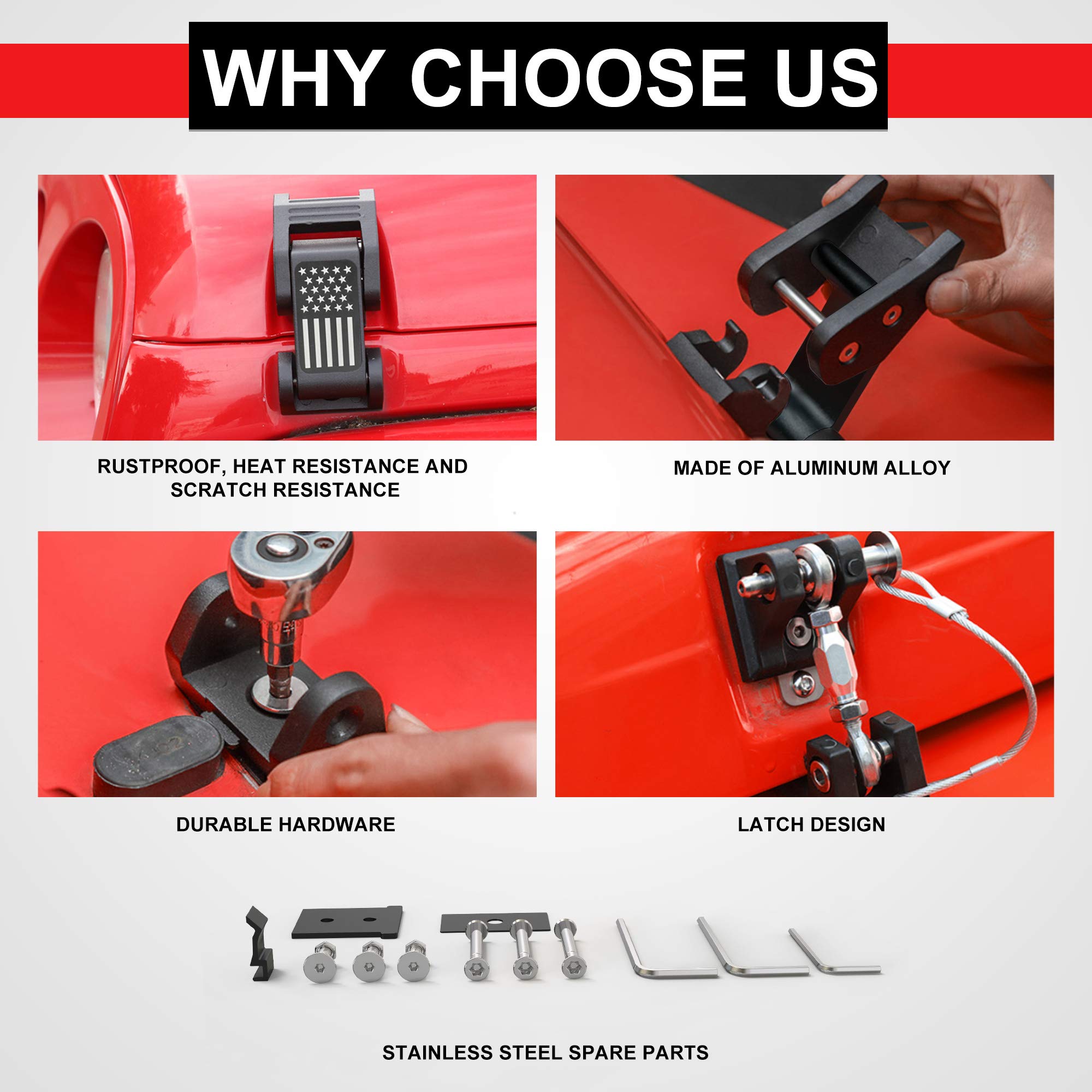 Aslong 2Pcs Hood Latches Catch Kit With U.S. Flag Style Black Aluminum For Jeep Wrangler Jk Jku 2007-2018 & 2018-2021 Jeep Wrang