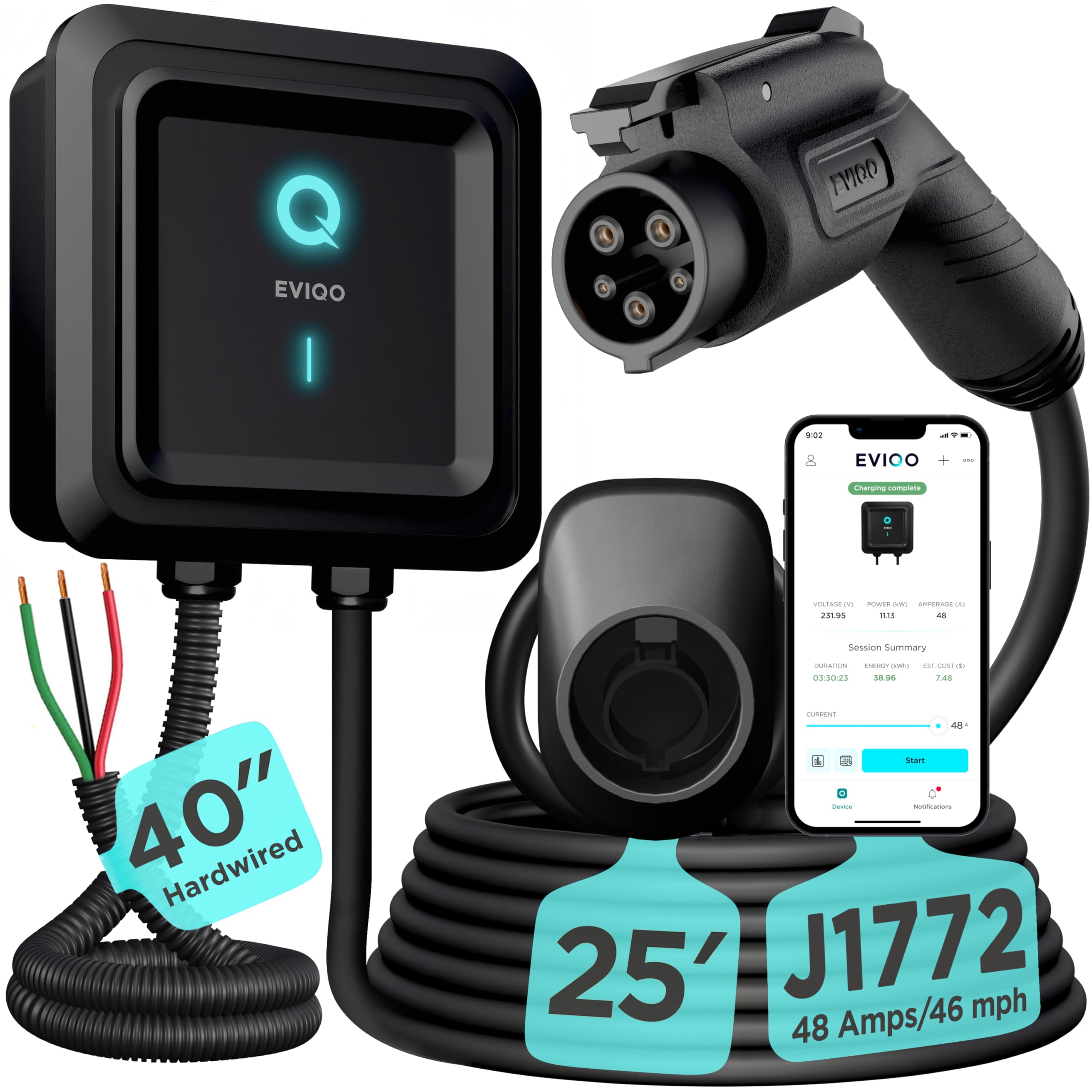 Eviqo Ev Charger Level 2-48 Amp Level 2 Ev Charger Hardwired, 240V Electric Vehicle Charging Stations, J1772 Chargers 11.5Kw, Wa