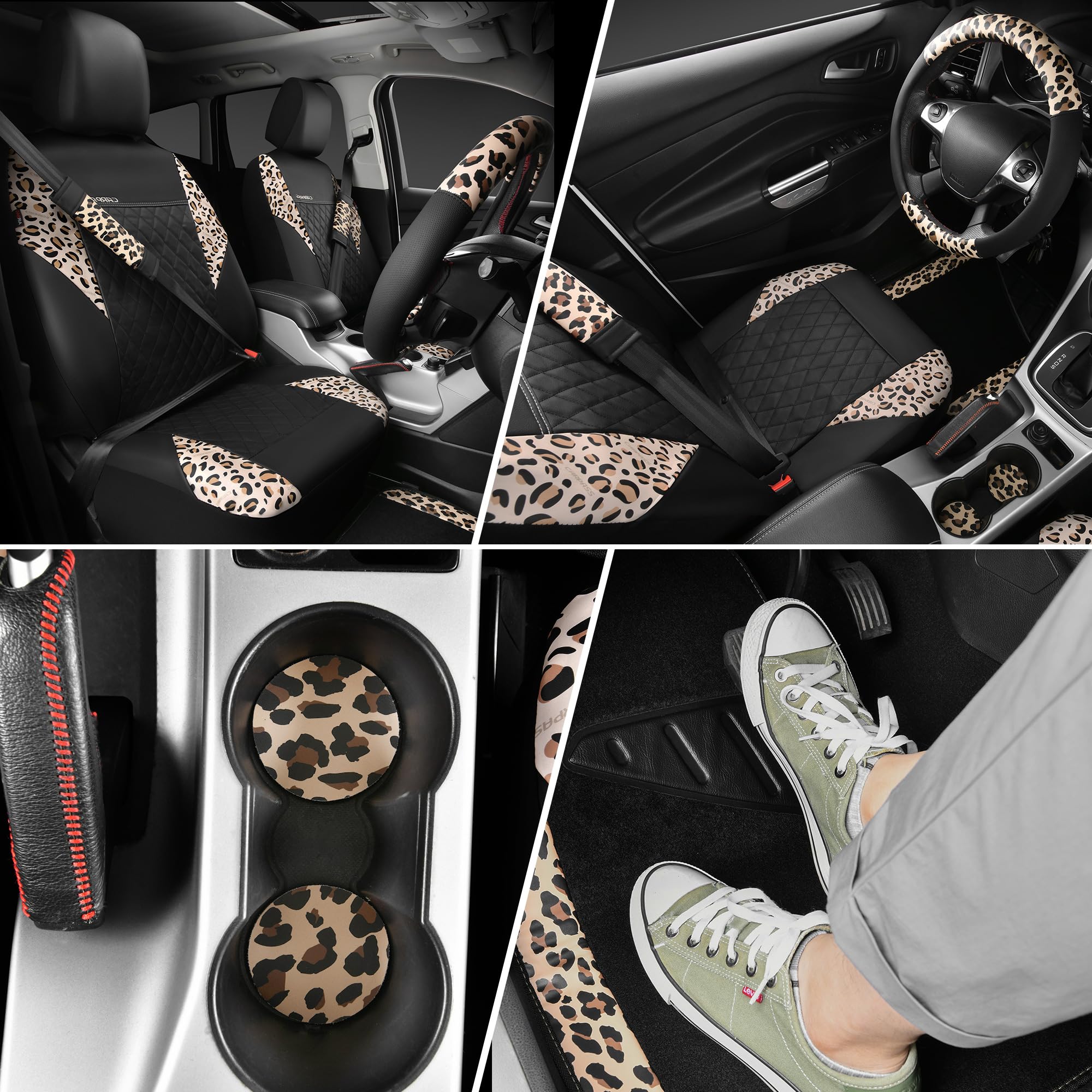 CAR PASS Faux Leather Car Seat Covers & Mats Set, Leopard Combo, Universal Fit for SUV, Van, Truck, Includes Steering Wheel Cover & Seat Belt Pad