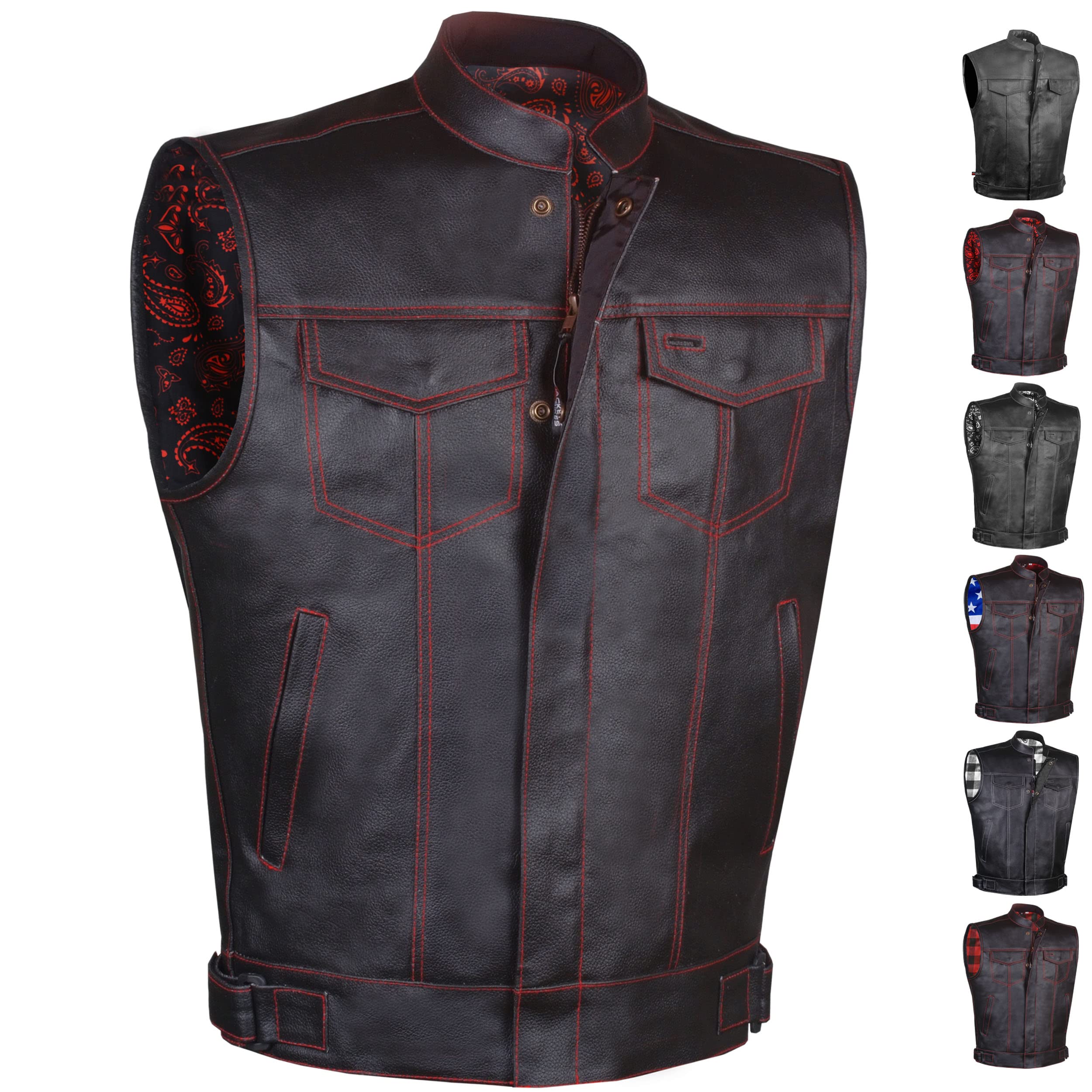 Soa Men 'S Premium Leather Motorcycle Vest With Biker Club Concealed Carry Gun Pockets W/Armor Paisley Red S