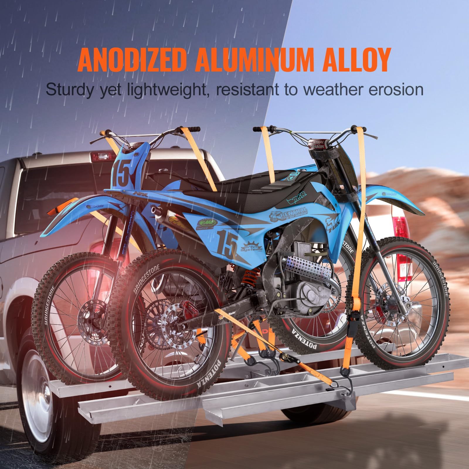 VEVOR Motorcycle Carrier for 2 Bikes, 600 lbs Aluminum, 47in Ramp, Silver, Model TD-1004-08, Hitch Mount for Car/Truck