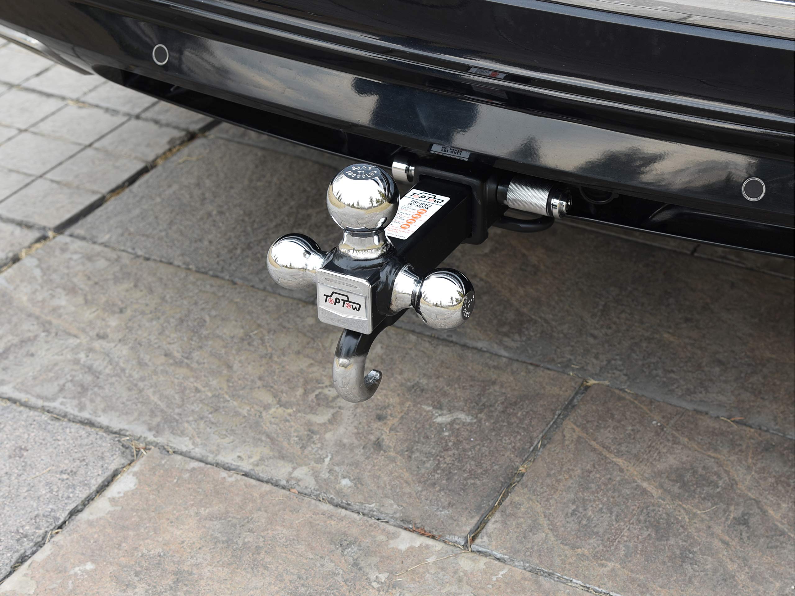 Toptow 64180L Trailer Receiver Hitch Triple Ball Mount With Hook, Fits For 2 Inch Receiver, Chrome Balls, 2 Inch Shank, With 5/8 Inch Lock