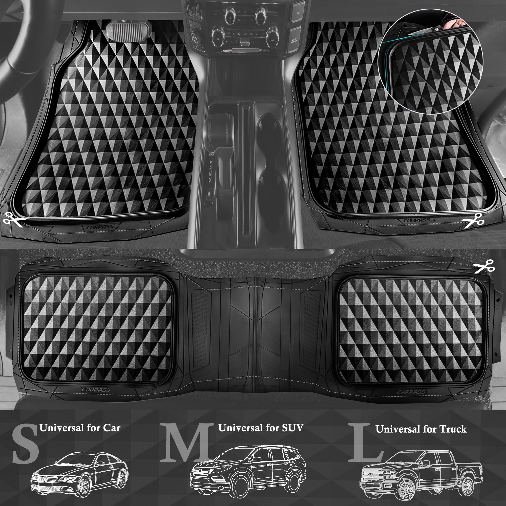 Car Pass 3 Row Heavy Duty Rubber Car Mats, Deep-Dish All-Weather For 7 Seats 8 Seater 2Nd & 3Rd Floor Mats Waterproof Universal