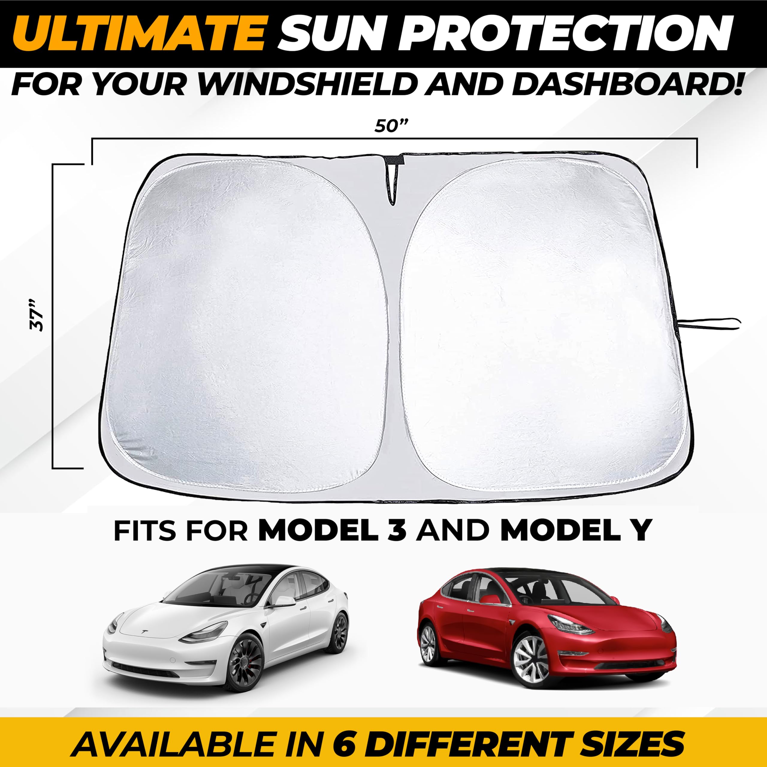Tesla Windshield Sun Shade For Model(3/Y)(2016-2025) - Xx-Large 56'' X 36'', Foldable Front Sunshade With Storage Bag | Reflecti