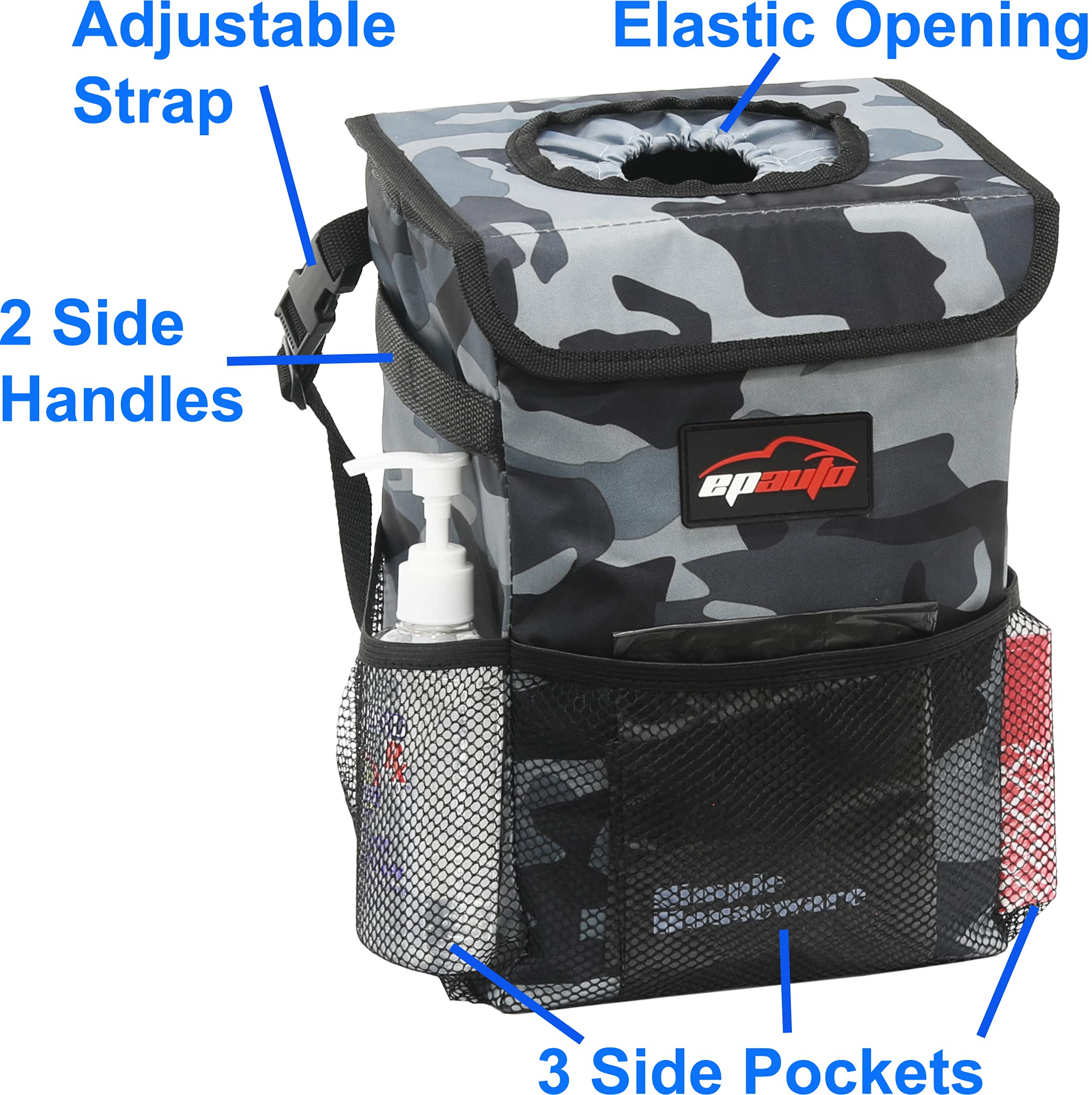 EPAuto Waterproof Car Trash Can with Lid, Storage Pockets, Vinyl-Lined, Camouflage Grey, Model AO-02C-G