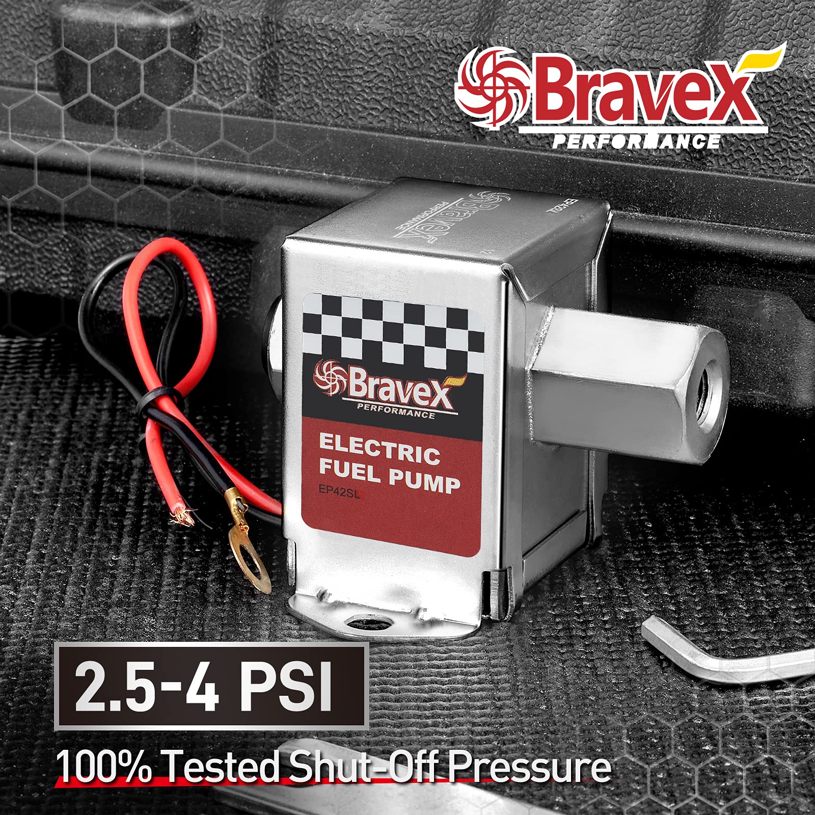 Bravex Inline Electric Fuel Pump - Universal DC 12V, Low Pressure 2.5-4 PSI, Metal, EP12S for Petrol & Diesel