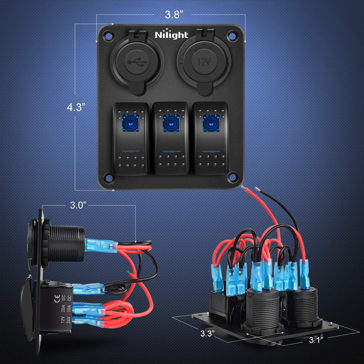 Nilight - 90115C 3 Gang Rocker Switch Panel Waterproof Pre-Wired Aluminum Switch Panel With Dual Usb Charger Socket & Cigarette