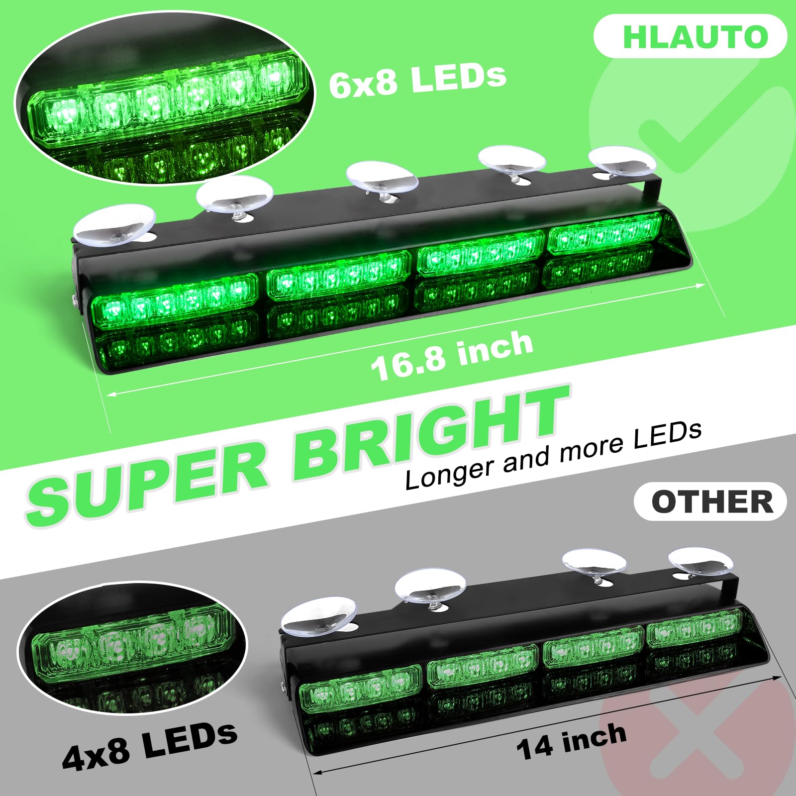 HLauto Emergency Strobe Lights - 16.8" Green LED Traffic Light Bar for Trucks, ABS Case, Model CA-6Z4J GG