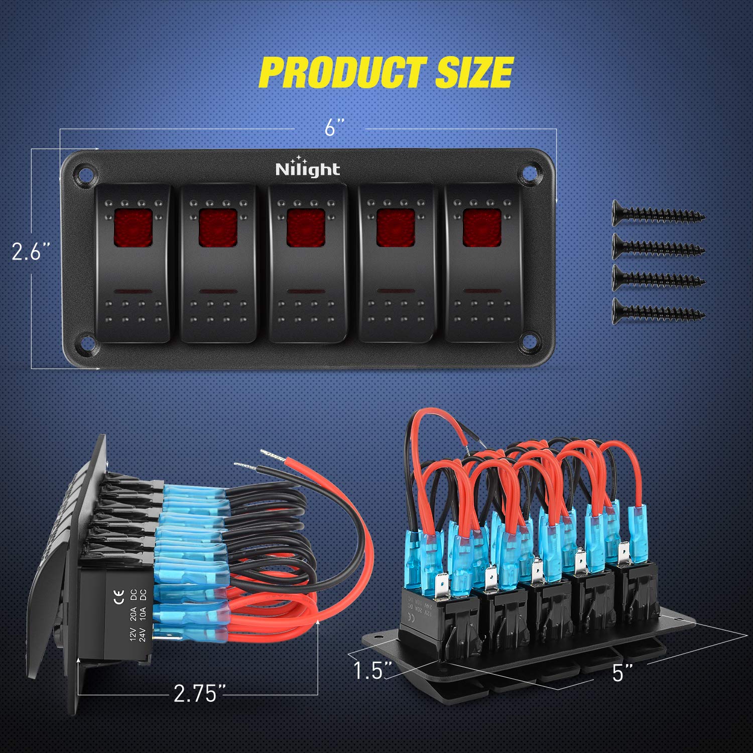 Nilight 5 Gang Rocker Switch Panel 5Pin On Off Toggle Switch Aluminum Holder 12V 24V Dash Pre-Wired Red Backlit Switches For Aut
