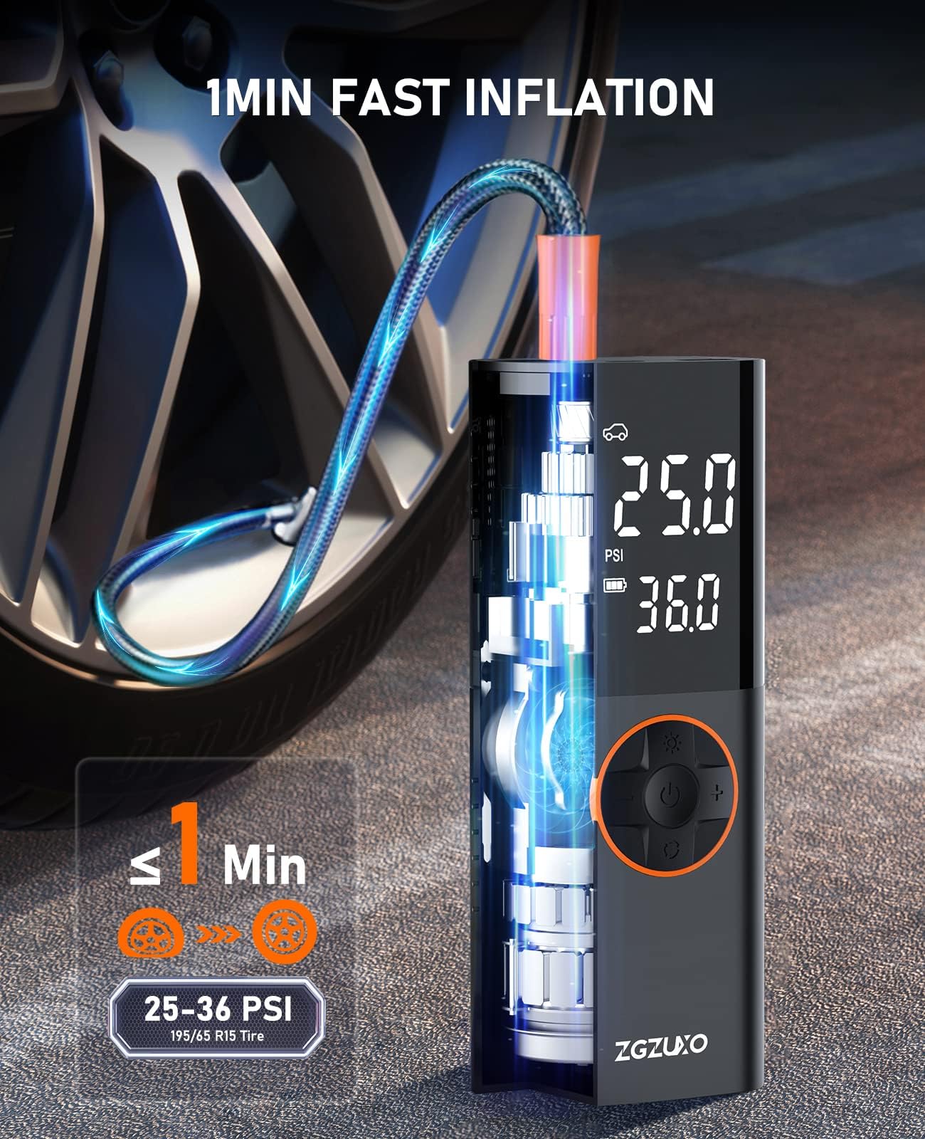 ZGZUXO Portable Tire Inflator - 150PSI Cordless Air Pump with Digital Gauge, LED Light, Red, Model CZK-3691