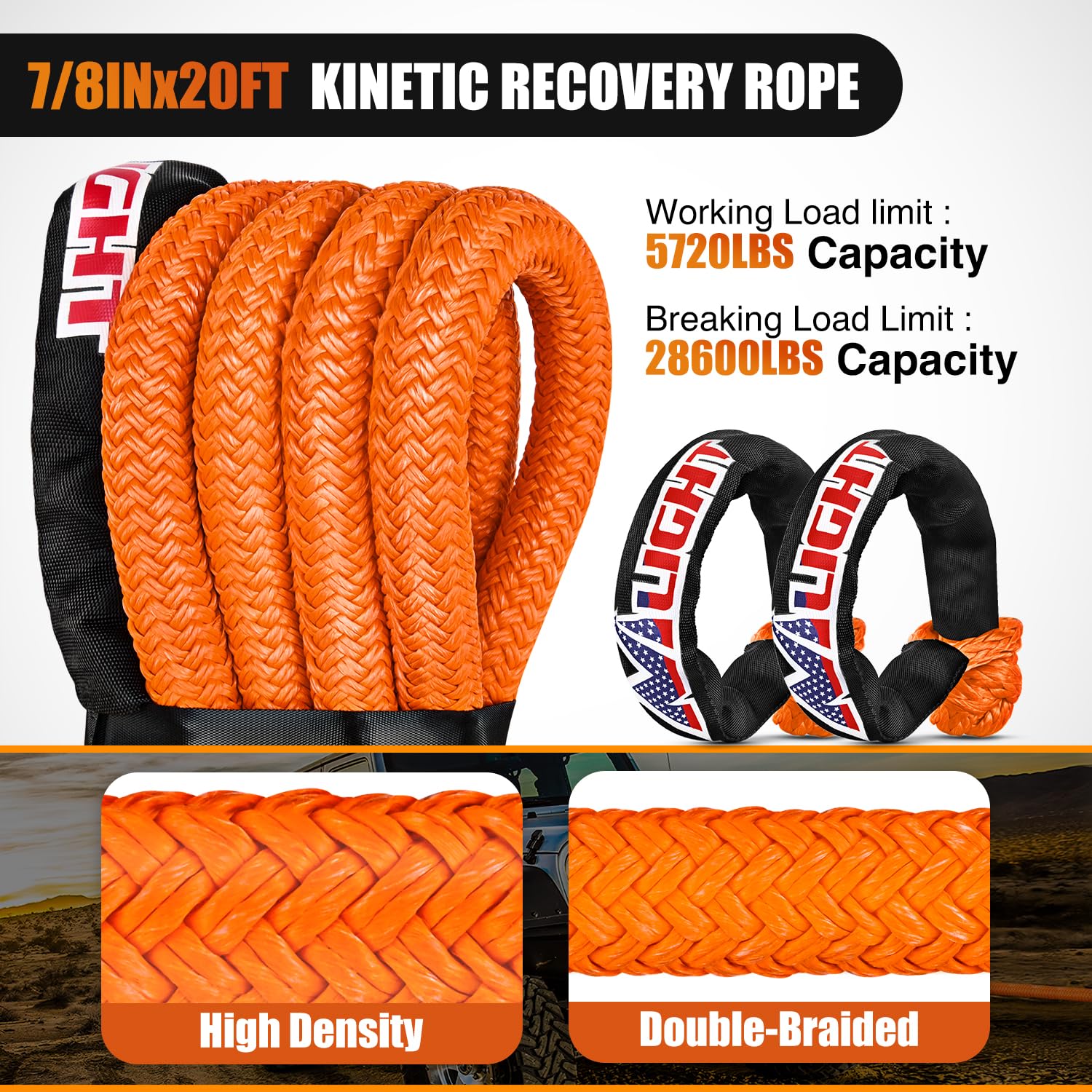 Nilight Kinetic Recovery Tow Rope 7/8'' x 20ft (28,600LBS) with 2 Soft Shackle 1/2'' x 24'' Snatch Strap Heavy Duty Offroad Towi