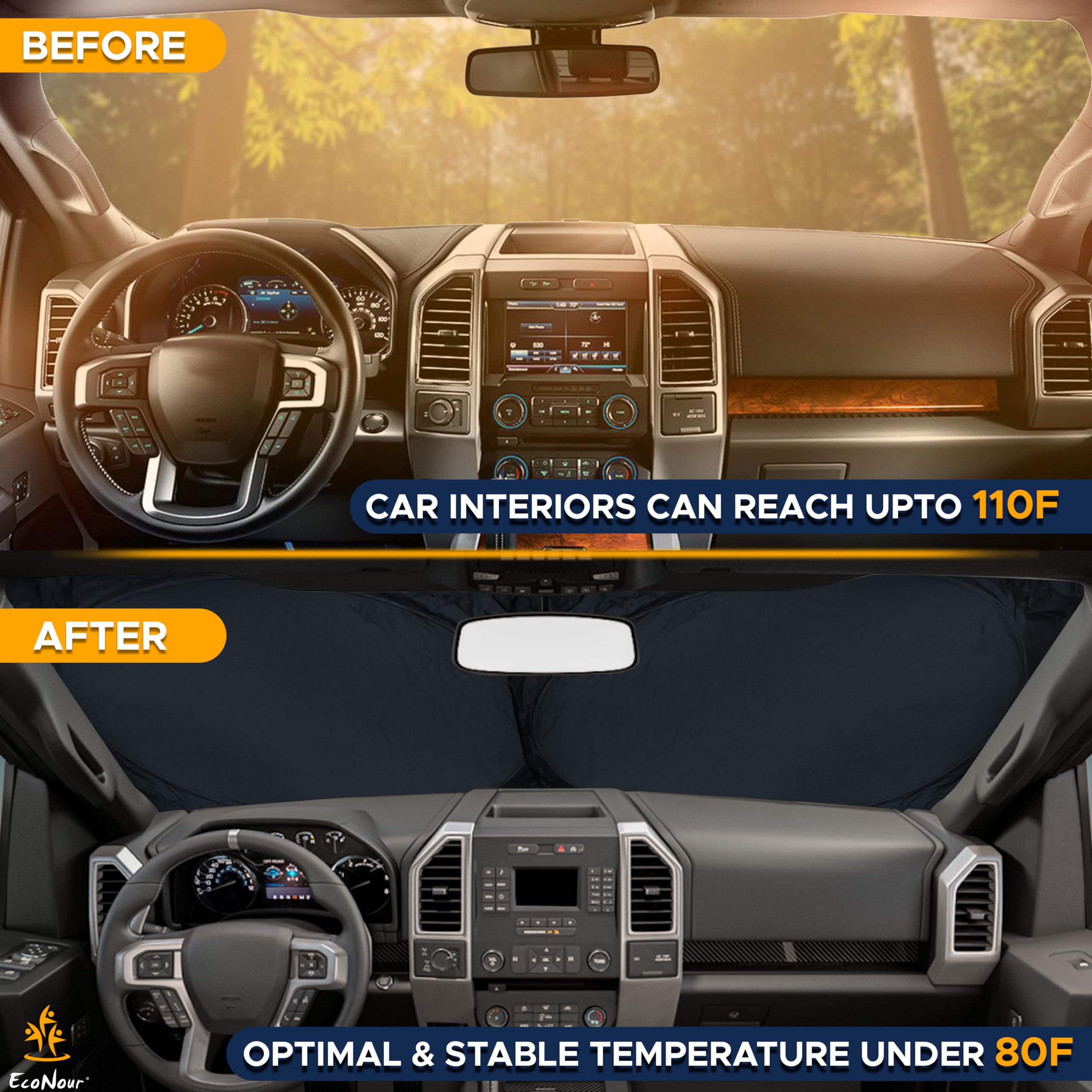 Econour Truck Windshield Sun Shade With Storage Pouch - Reflective 240T Material Truck Windshield Cover - Foldable Sun Shield Uv