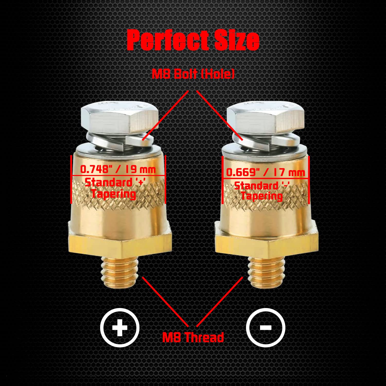 Ampper M8 Male Brass Battery Terminal Posts with Bolts - Pack of 2, Am-BCP-B0801, Ideal for Battery Extension
