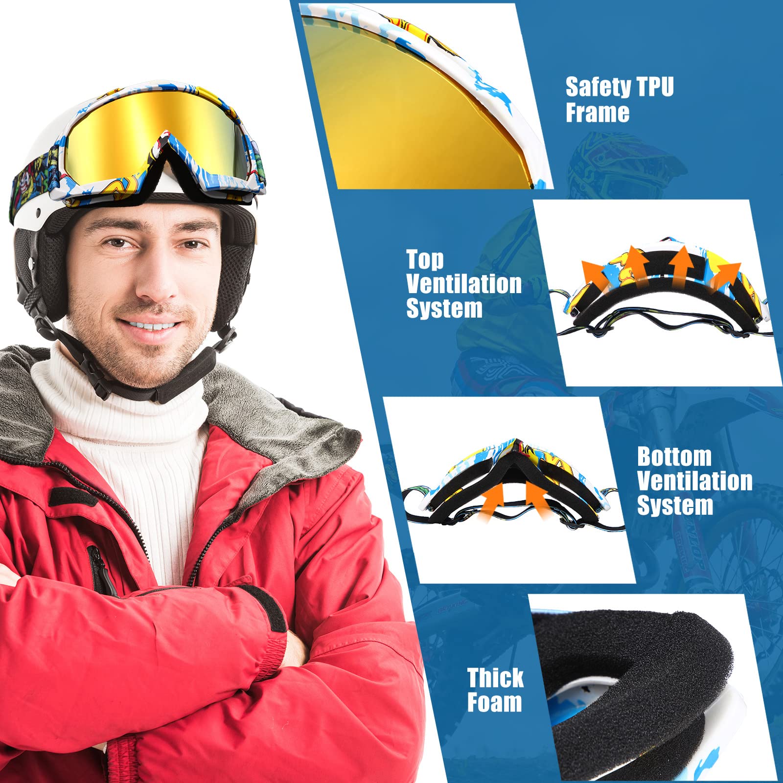 Fiada 2 Pcs Atv Goggles For Adults Dirt Bike Goggles Anti Fog Motorcycle Ski Motocross Glasses For Men Women Riding Racing (Classic)