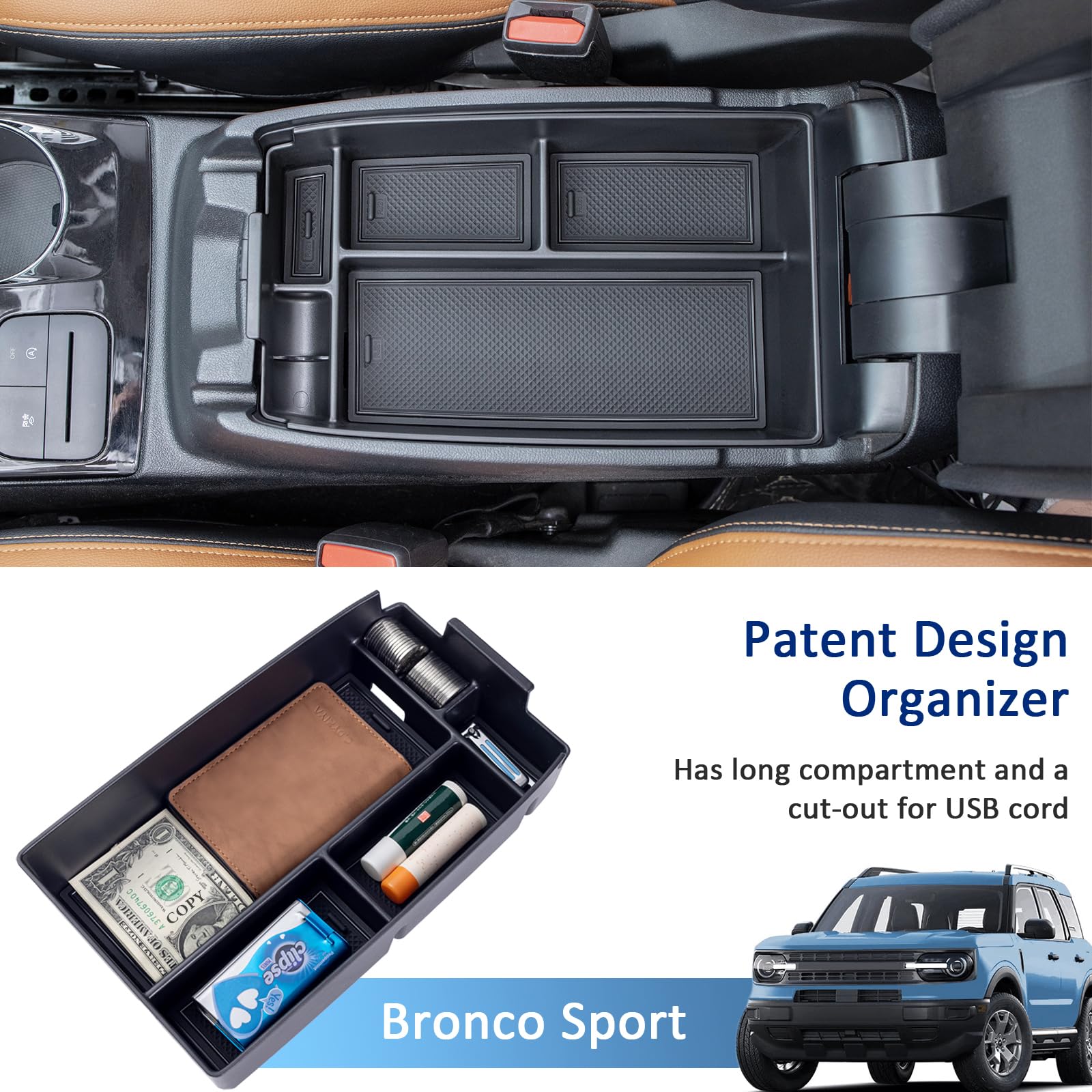 TOPINSTALL New Tray 2PCS Set Compatible with 2021-2024 Ford Bronco Sport Accessories, Armrest Storage Console Organizer Dash Tra