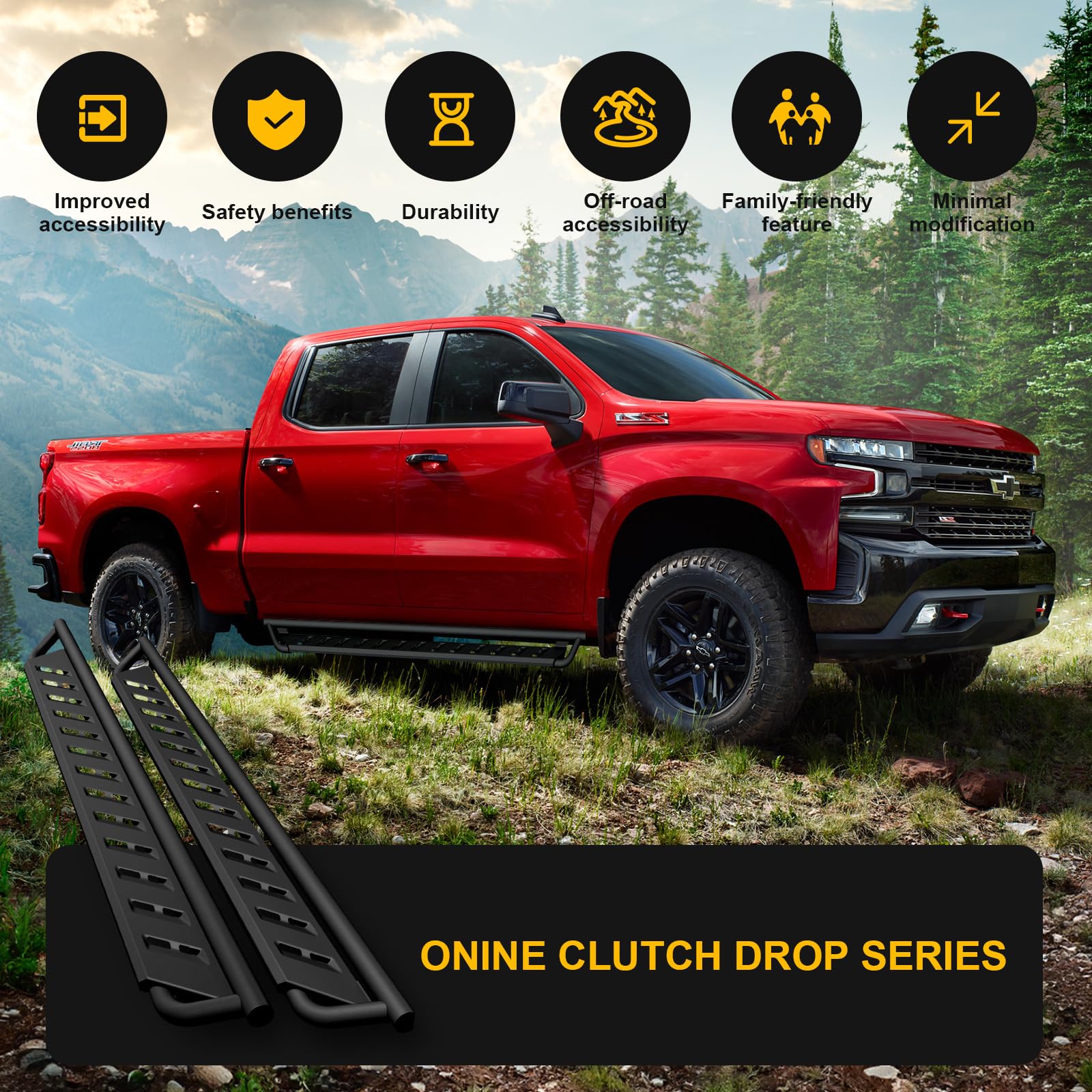 ONINE Clutch Drop Running Board, Crew Cab Drop Nerf Bar, Alloy Steel, Textured Black, Fits 2019-2025 Chevy Silverado/GMC Sierra 1500/2500/