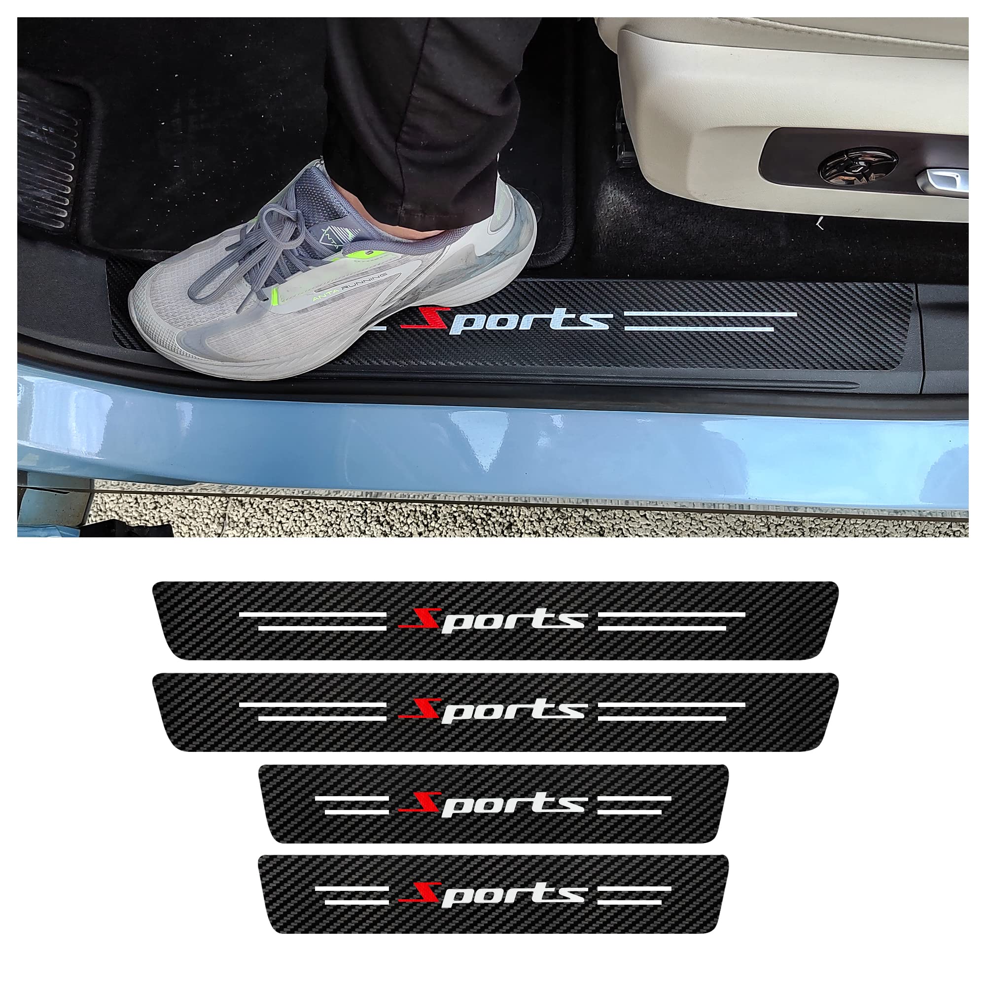 4Pcs Car Door Sill Protector,Carbon Fiber Sport Threshold Anti-Scratch Sticker Door Edge Protection Decorate,Interior Accessories Self-Adhesive Anti-Scratch Waterpoor (White-Sport)