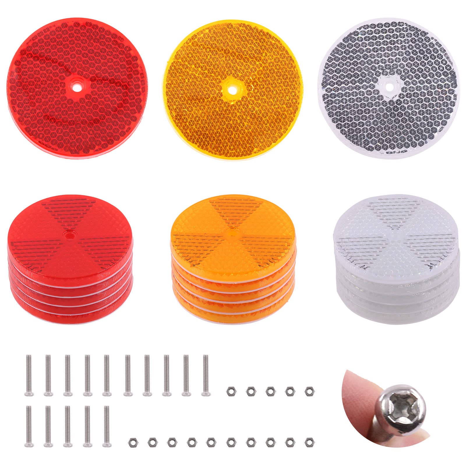 Swpeet 45Pcs Round Front Reflector Driveway Trailer Reflectors, 3 Colors Of Reflective Mailbox Reflector With Center Mounting Ho