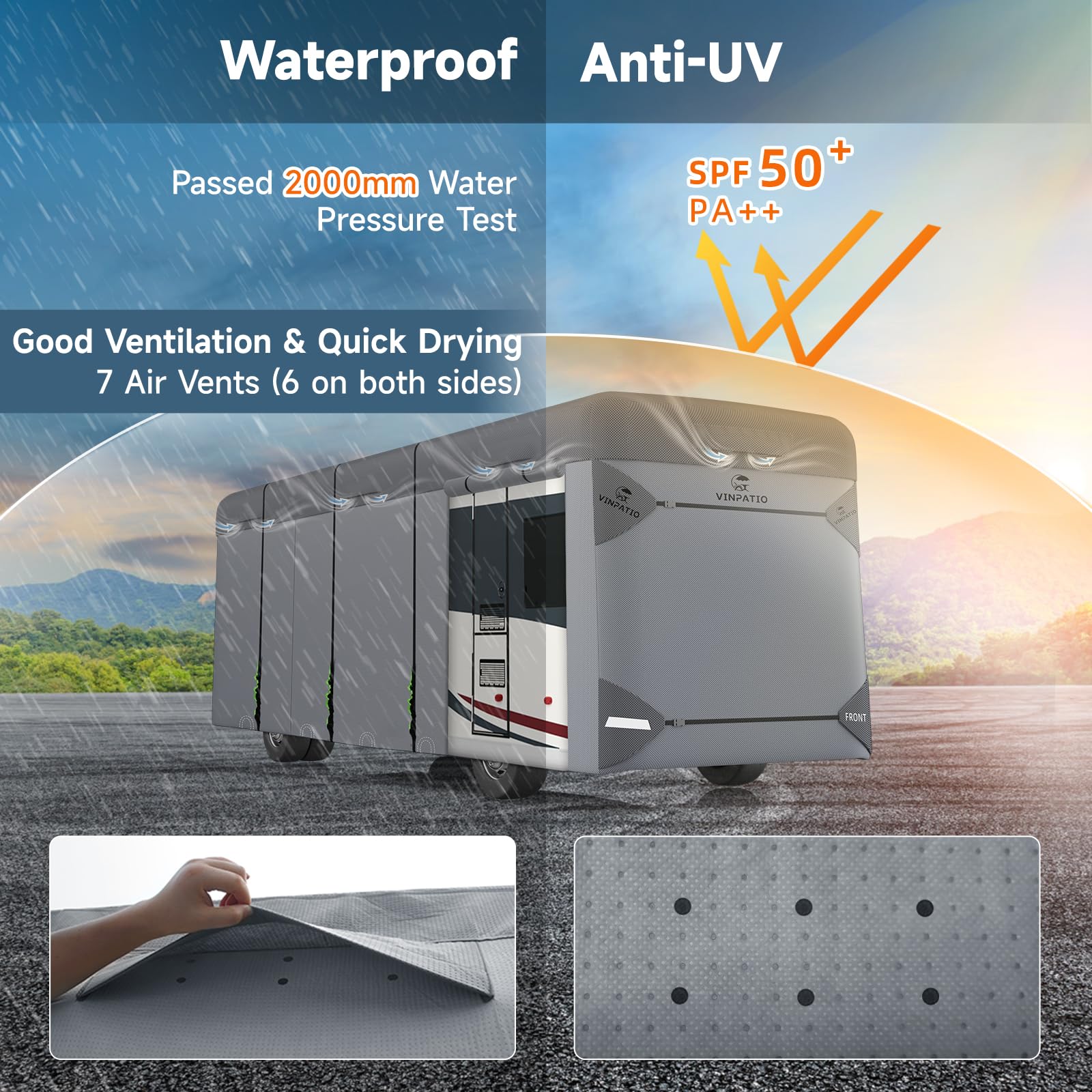 VINPATIO Class A RV Cover, Extra Thick 7 Layers, Fits 31-34FT, Heavy Duty Windproof Waterproof, Grey